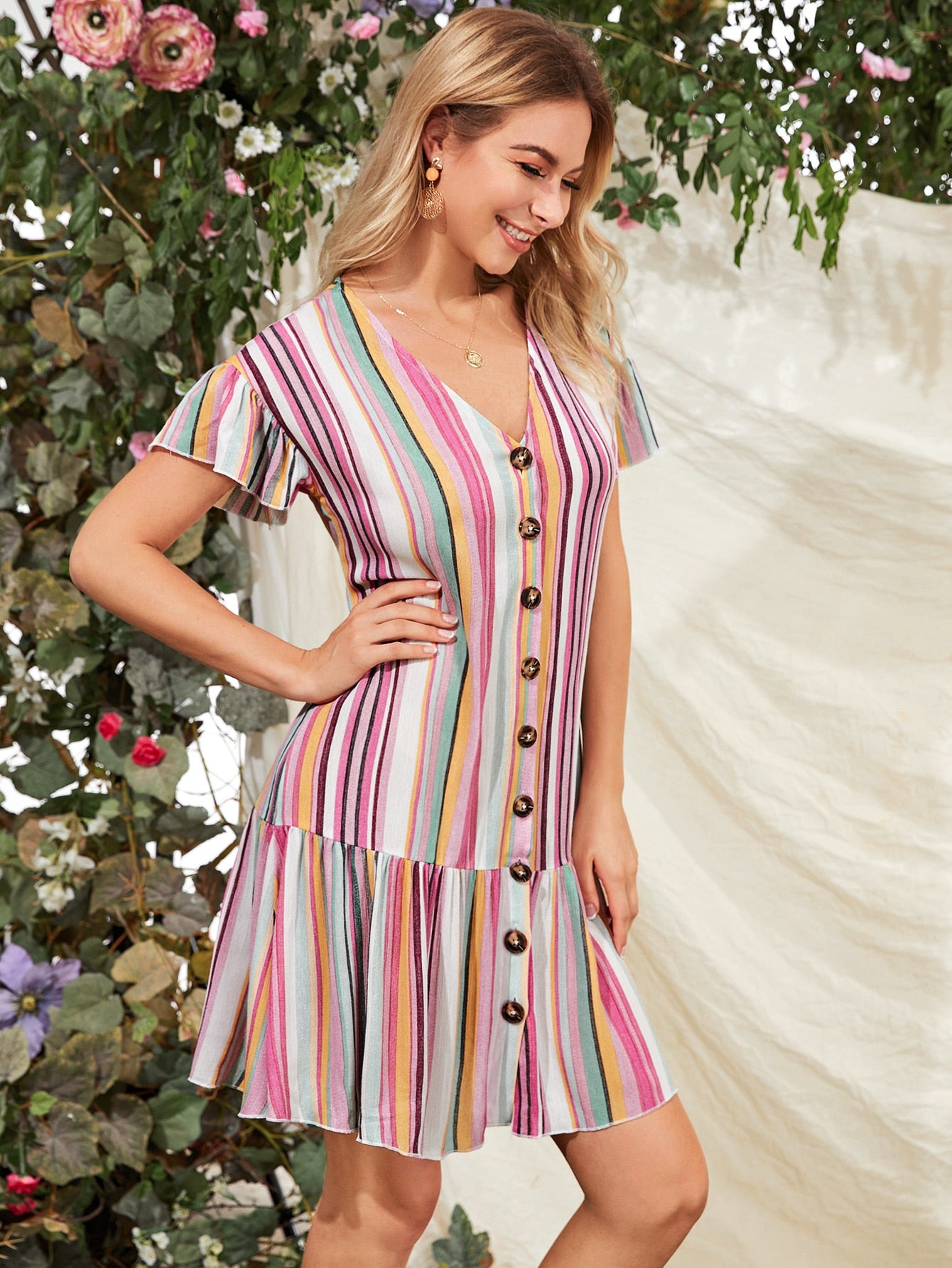 Buttoned Front Ruffle Trim Striped Smock Dress