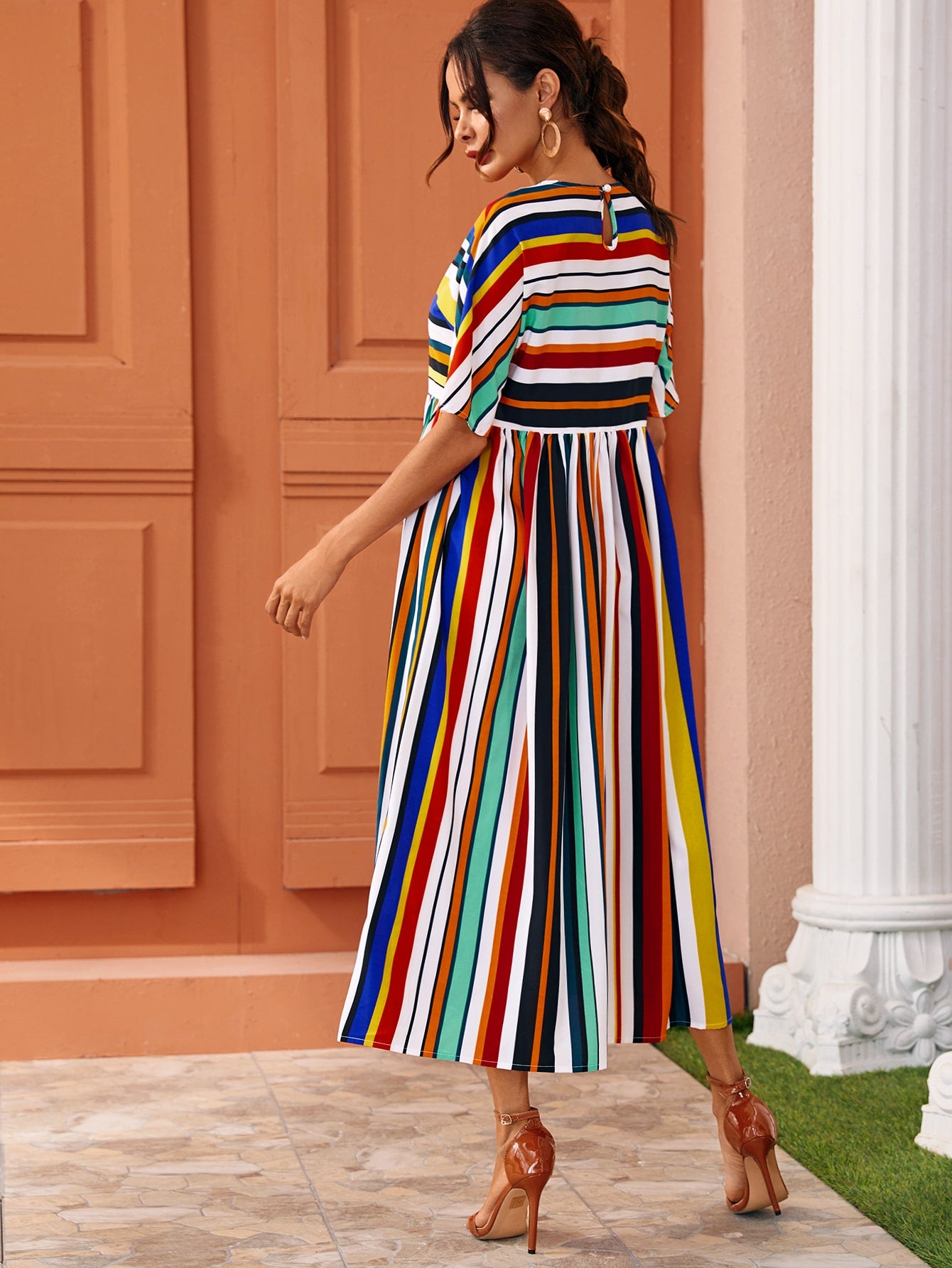 Multi-Striped Batwing Sleeve Long Dress