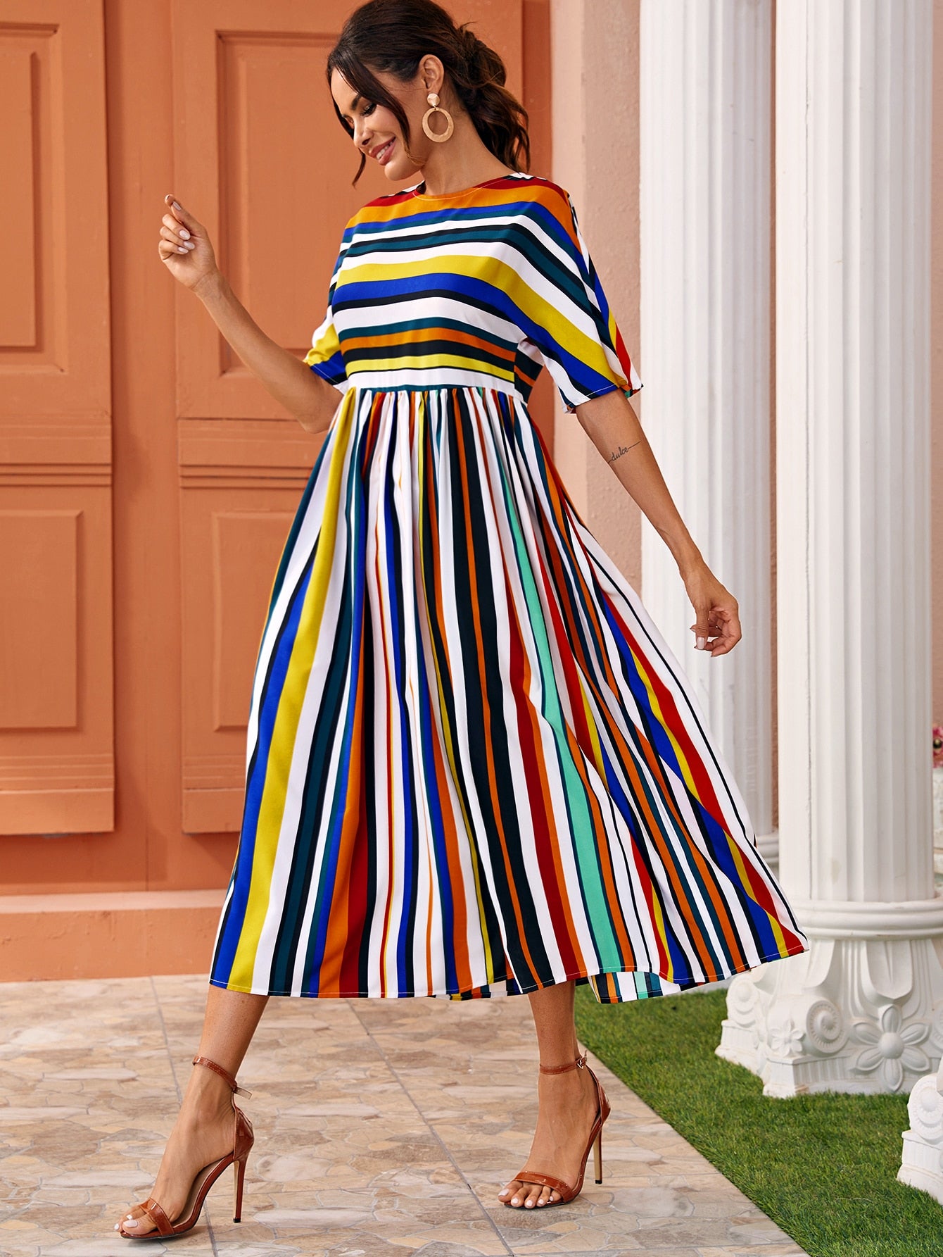 Multi-Striped Batwing Sleeve Long Dress