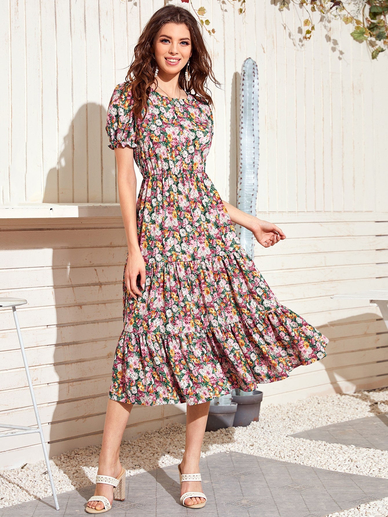 Allover Floral Print Flounce Hem A-line Dress