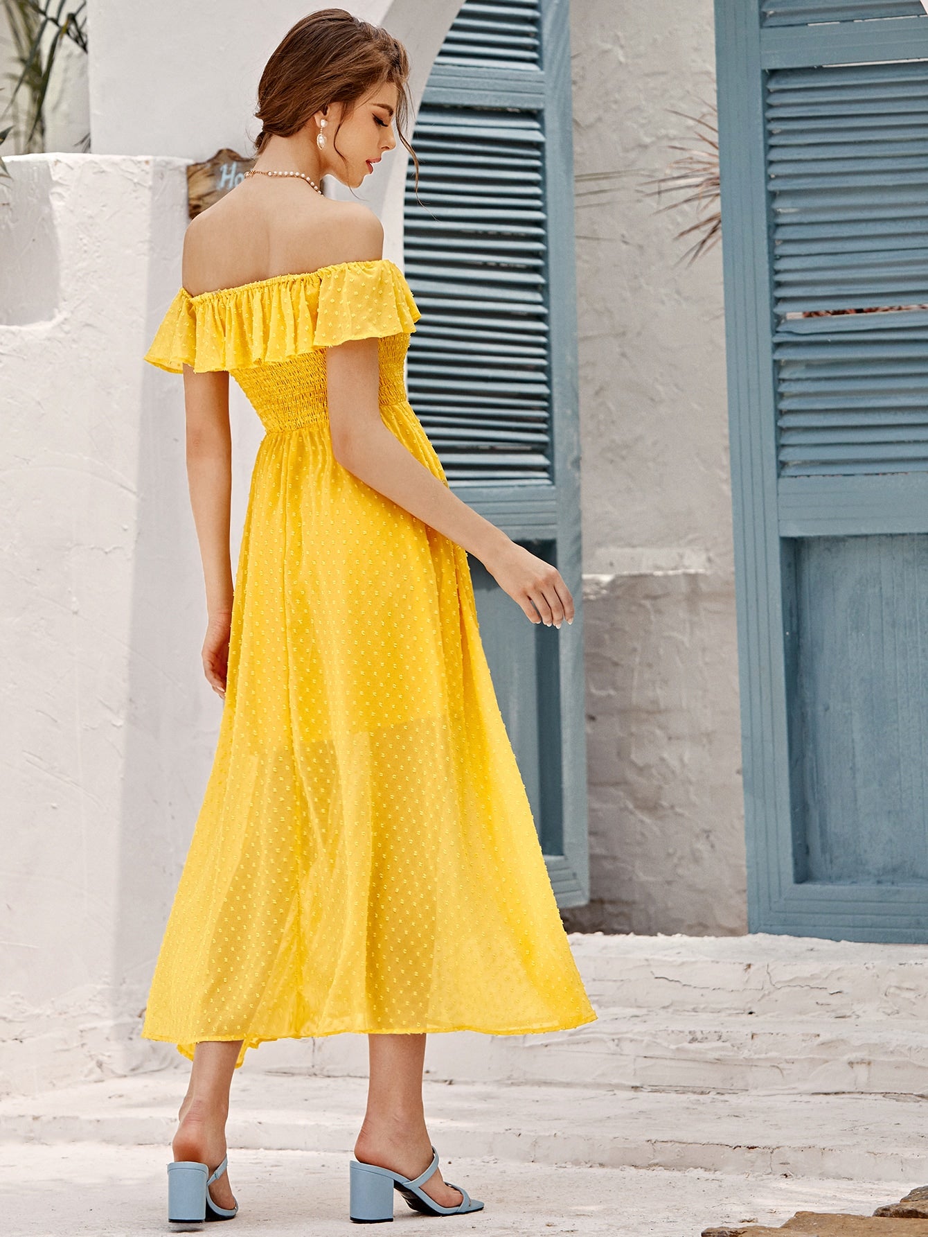 Swiss Dot Shirred Bardot Dress