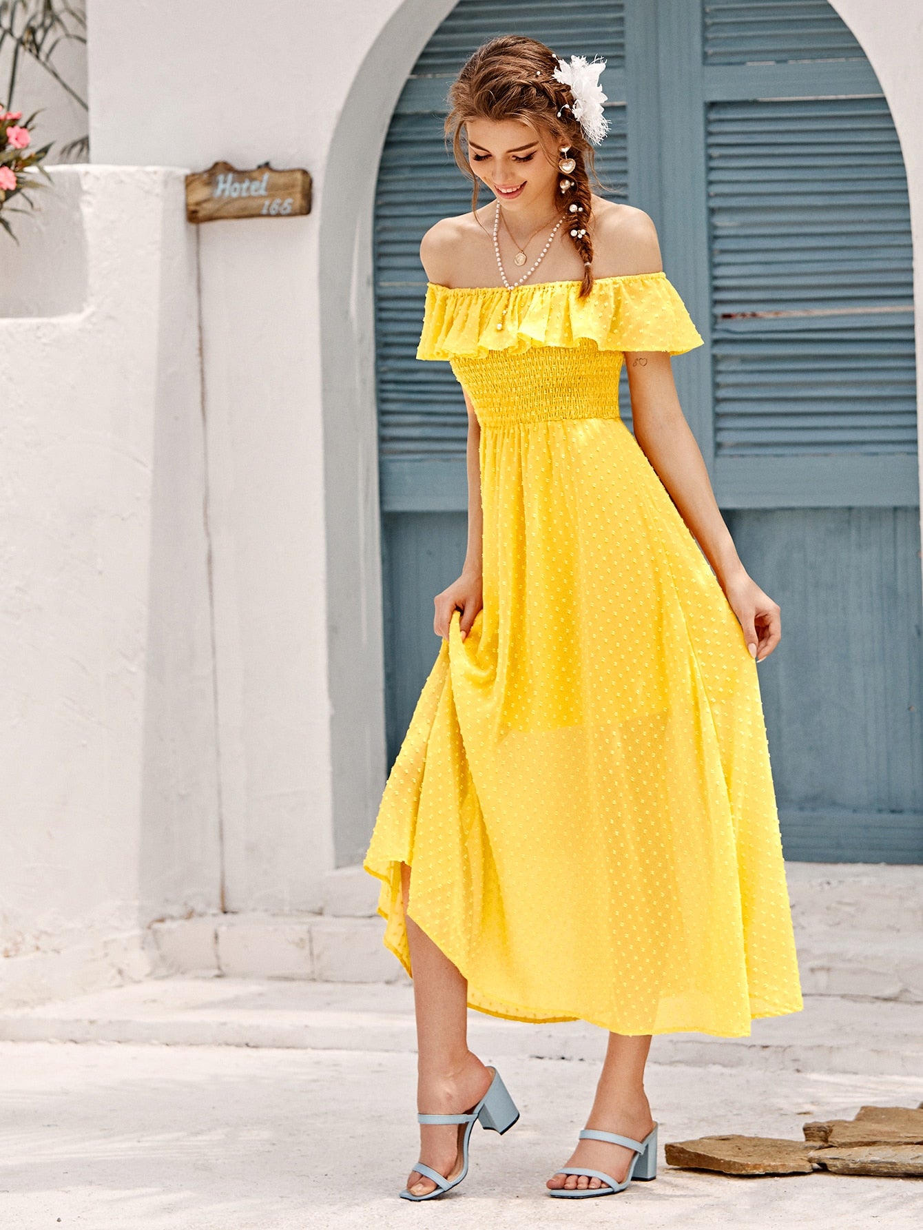 Swiss Dot Shirred Bardot Dress