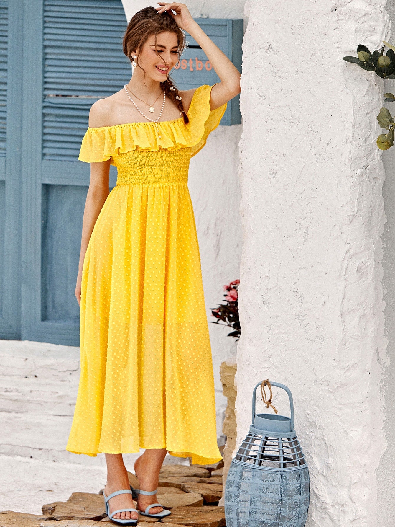 Swiss Dot Shirred Bardot Dress