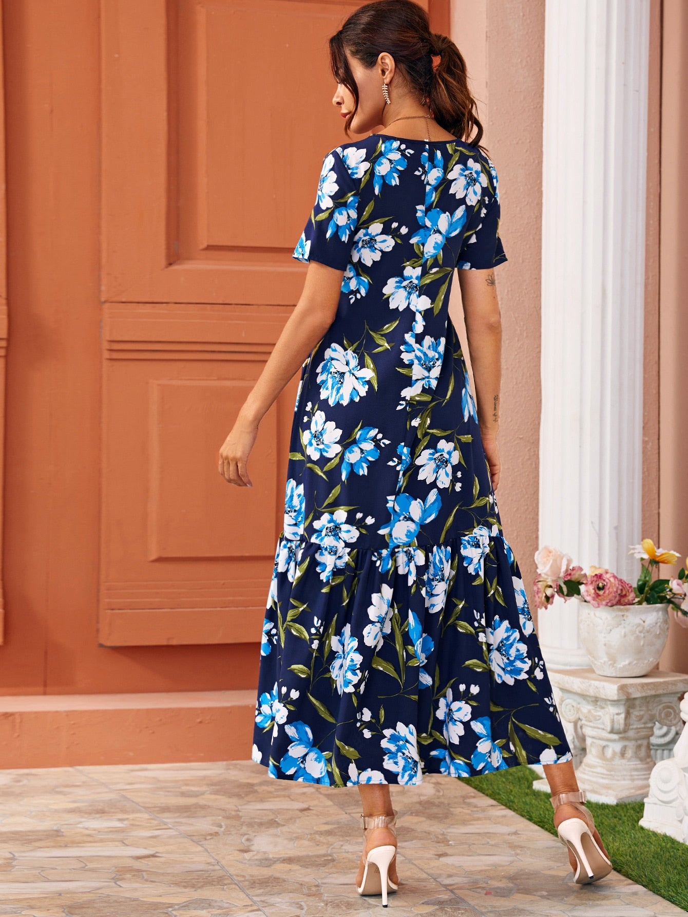 V Neck Floral Print Ruffle Hem Dress