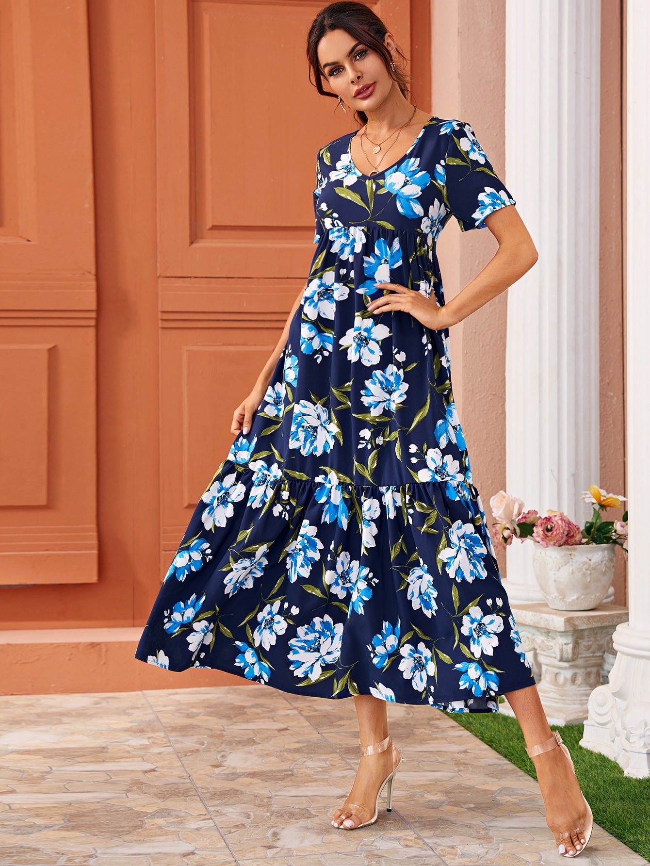 V Neck Floral Print Ruffle Hem Dress