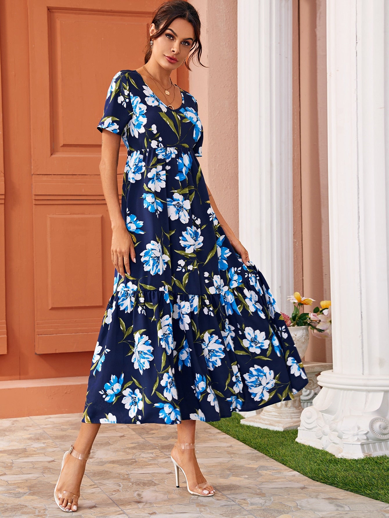 V Neck Floral Print Ruffle Hem Dress