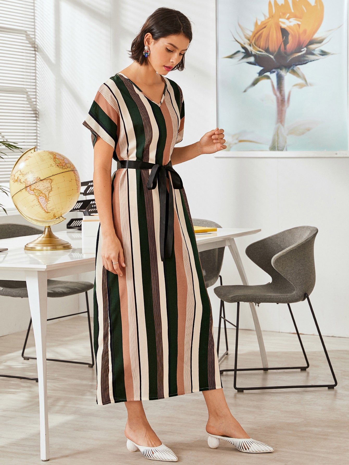 V-neck Striped Self Tie Tunic Dress