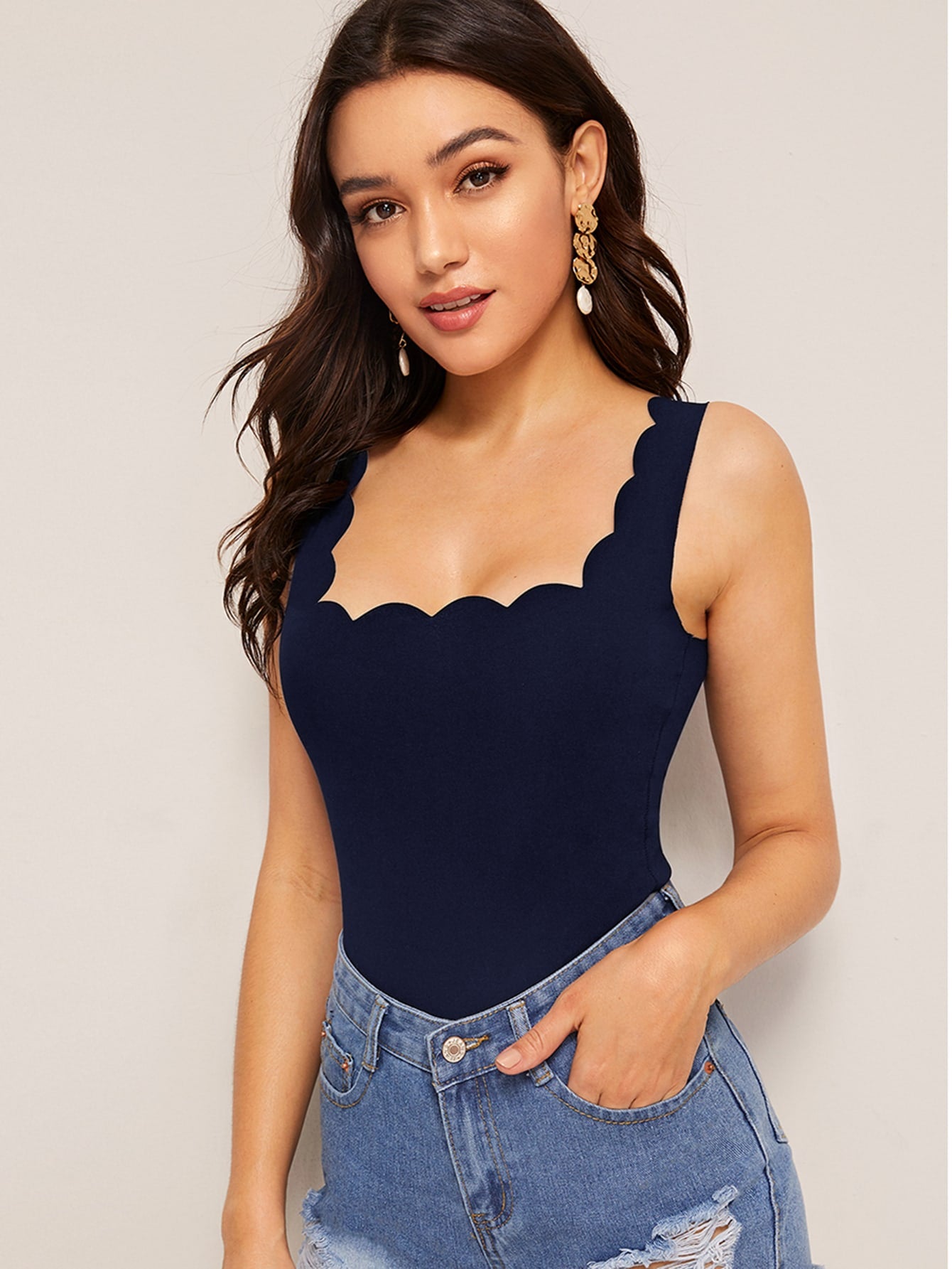 Scallop Trim Solid Tank Top