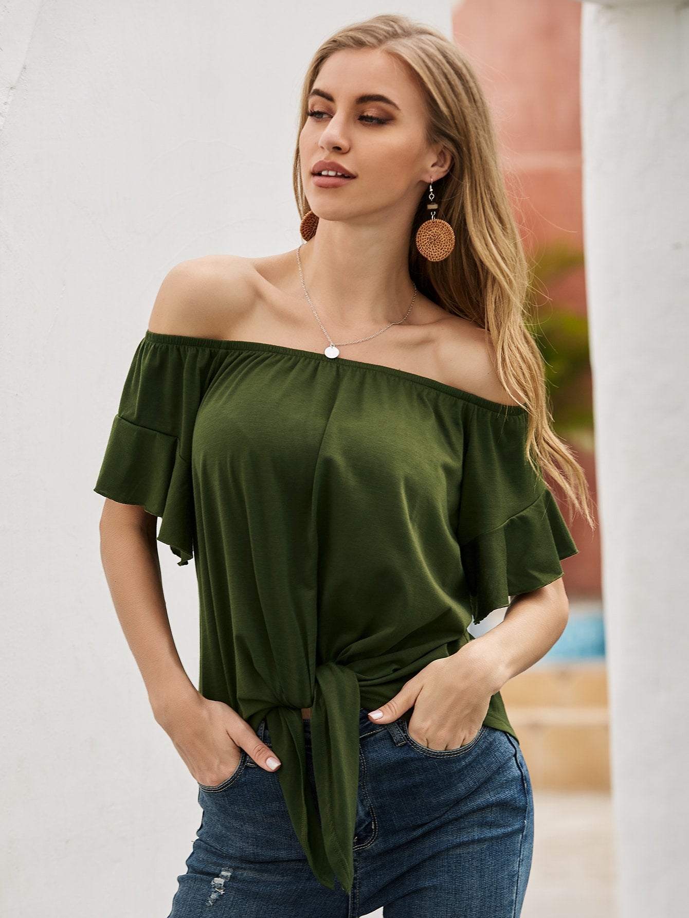 Flounce Sleeve Knot Front Bardot Tee