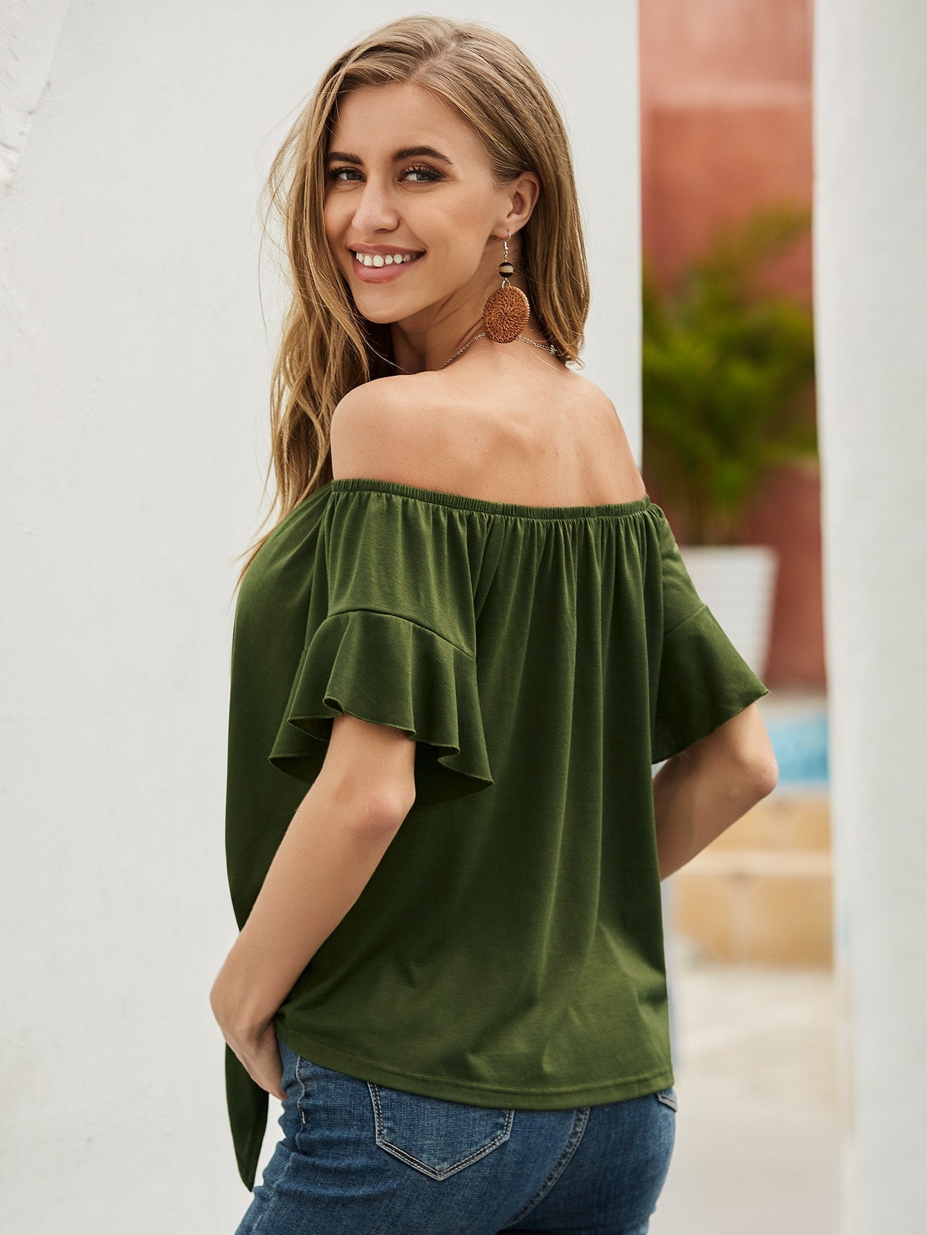 Flounce Sleeve Knot Front Bardot Tee