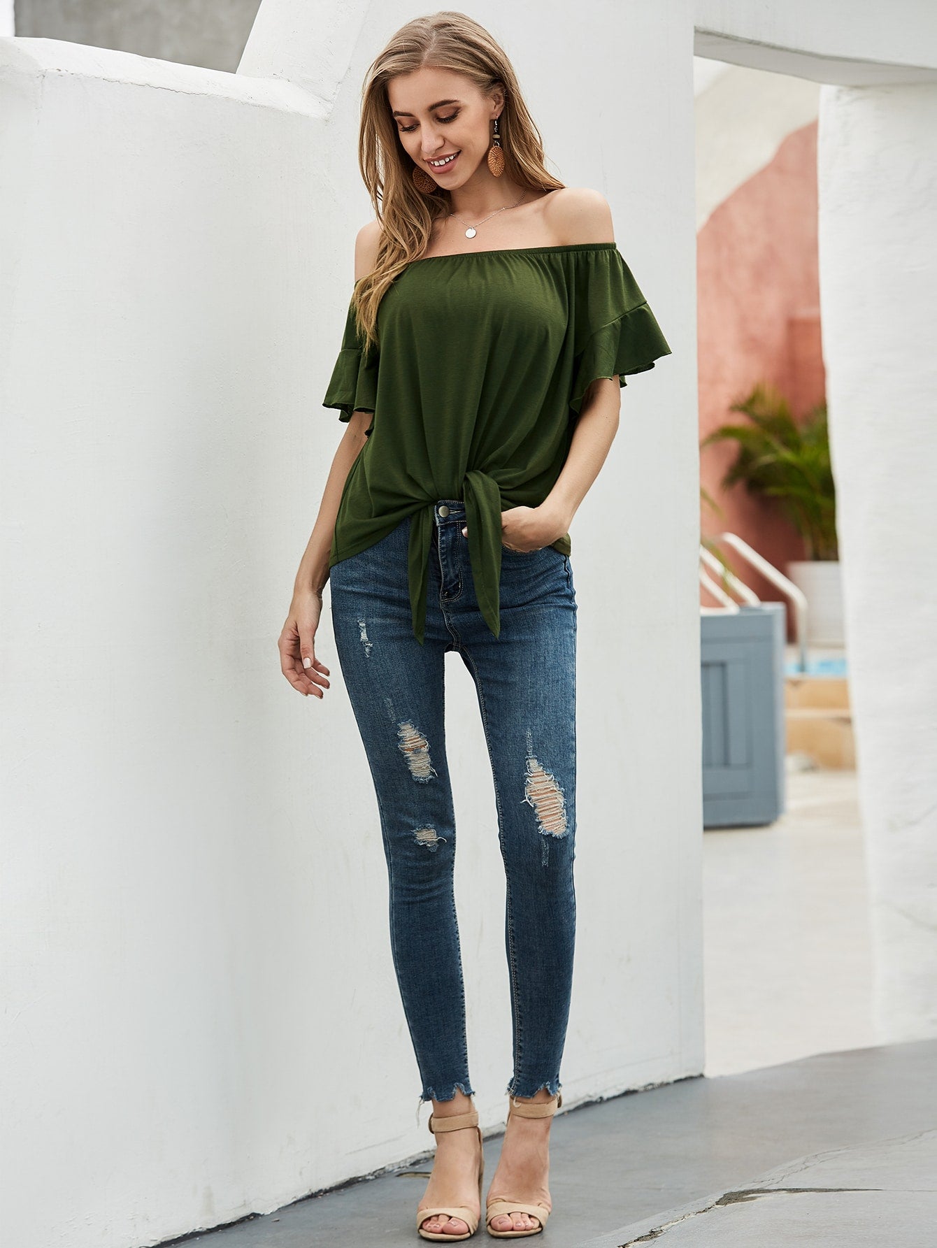Flounce Sleeve Knot Front Bardot Tee