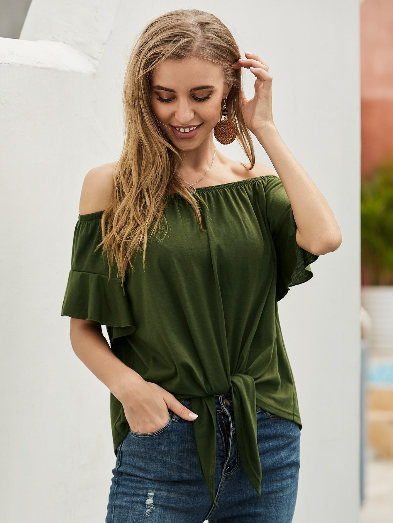 Flounce Sleeve Knot Front Bardot Tee