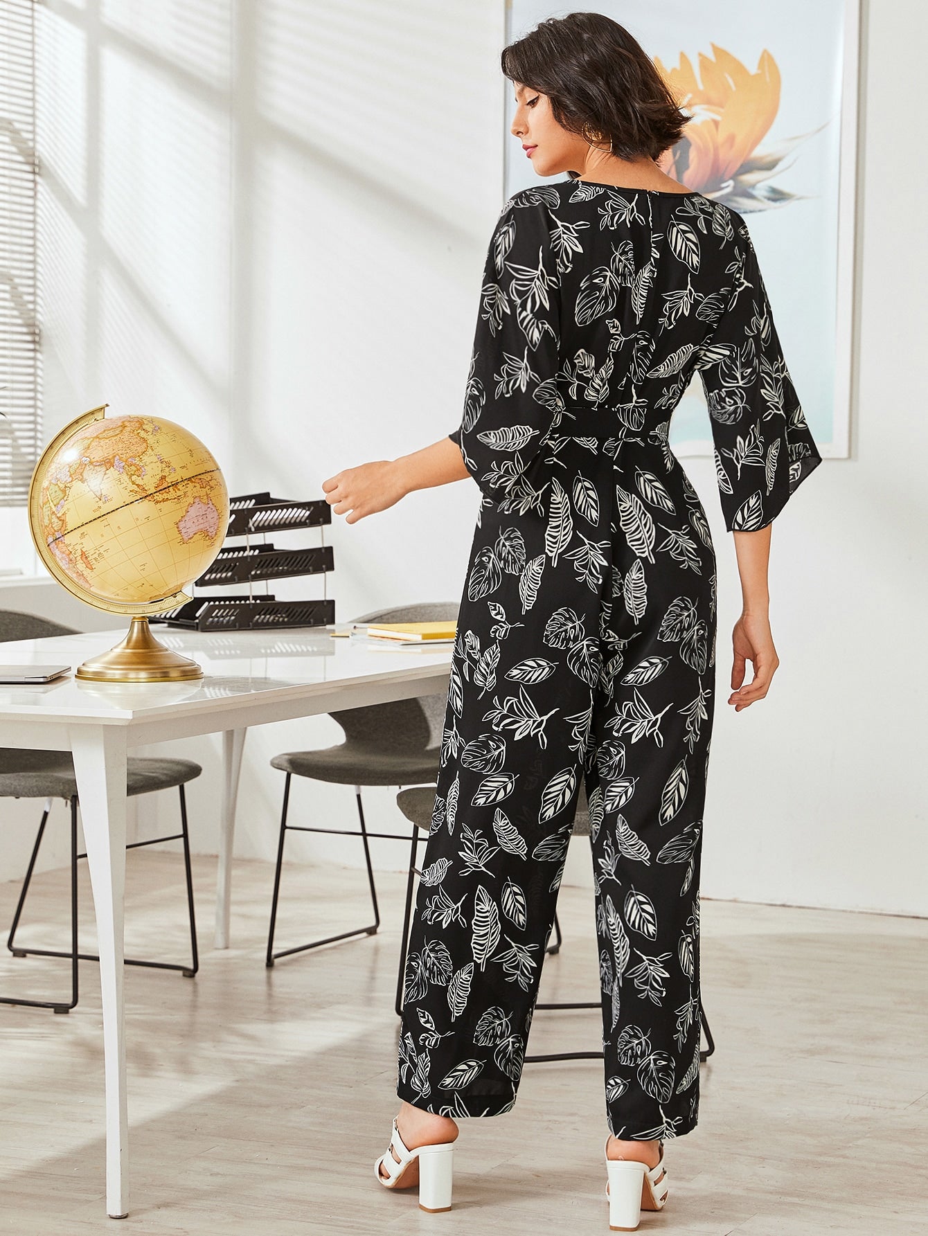 Tropical Print Surplice Front Belted Culotte Jumpsuit