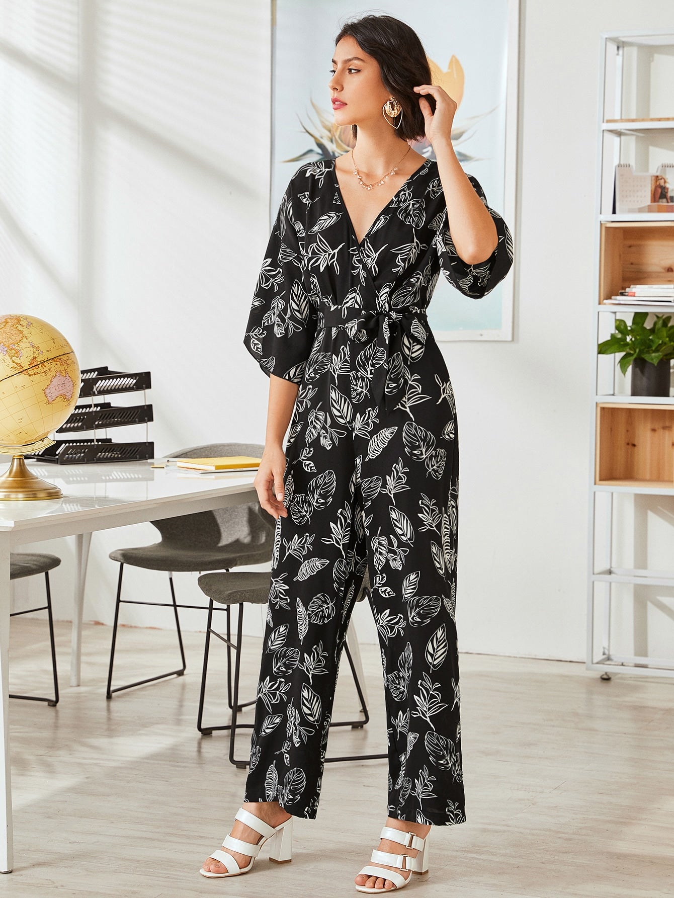 Tropical Print Surplice Front Belted Culotte Jumpsuit