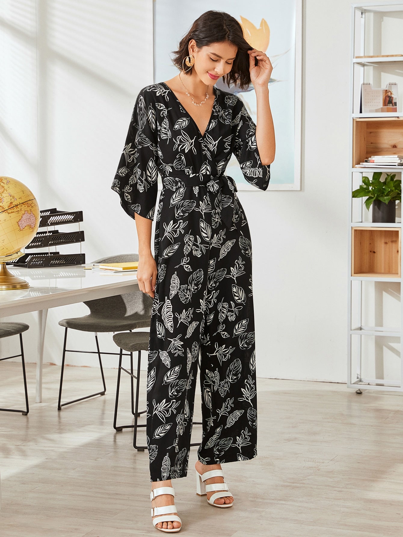 Tropical Print Surplice Front Belted Culotte Jumpsuit