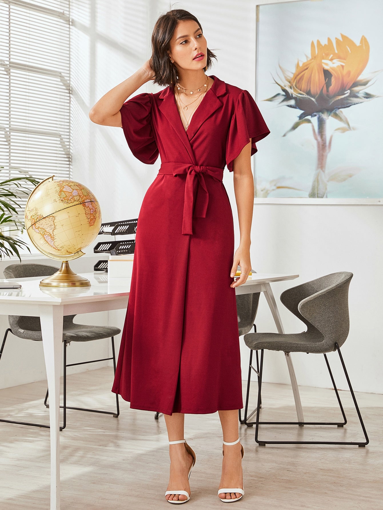 Lapel Neck Butterfly Sleeve Belted Wrap Dress