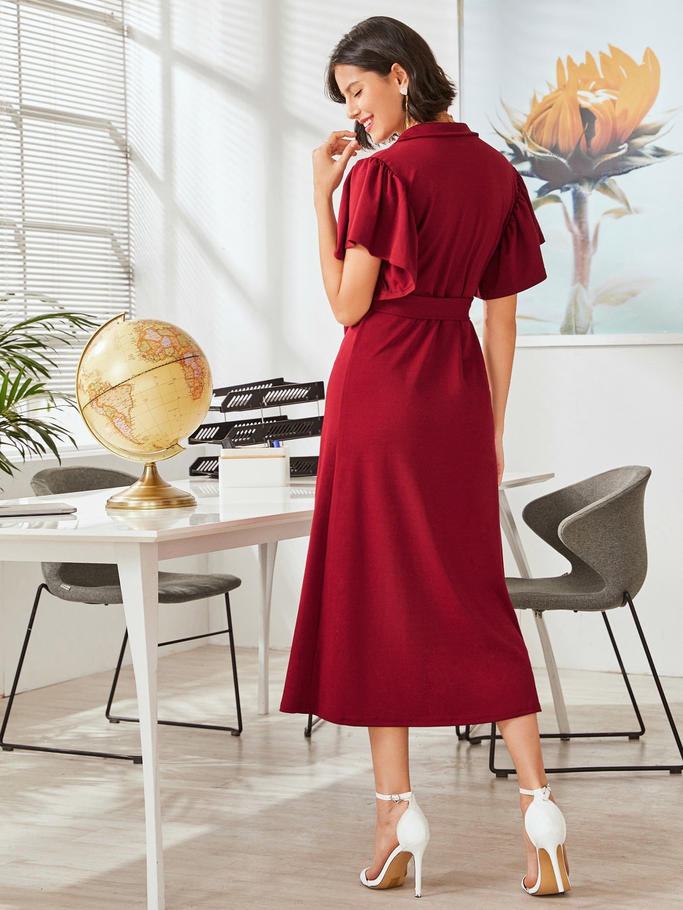 Lapel Neck Butterfly Sleeve Belted Wrap Dress
