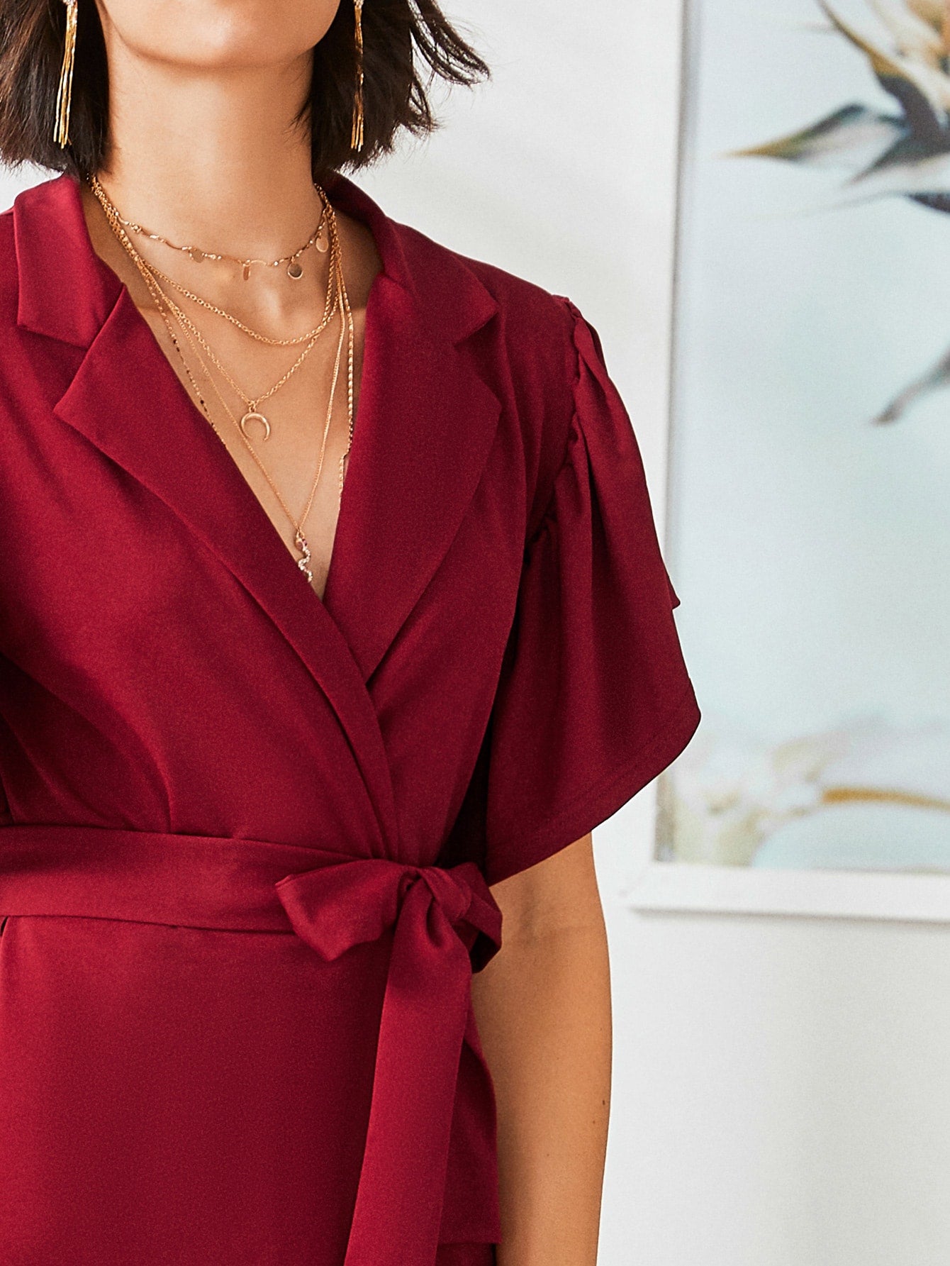 Lapel Neck Butterfly Sleeve Belted Wrap Dress