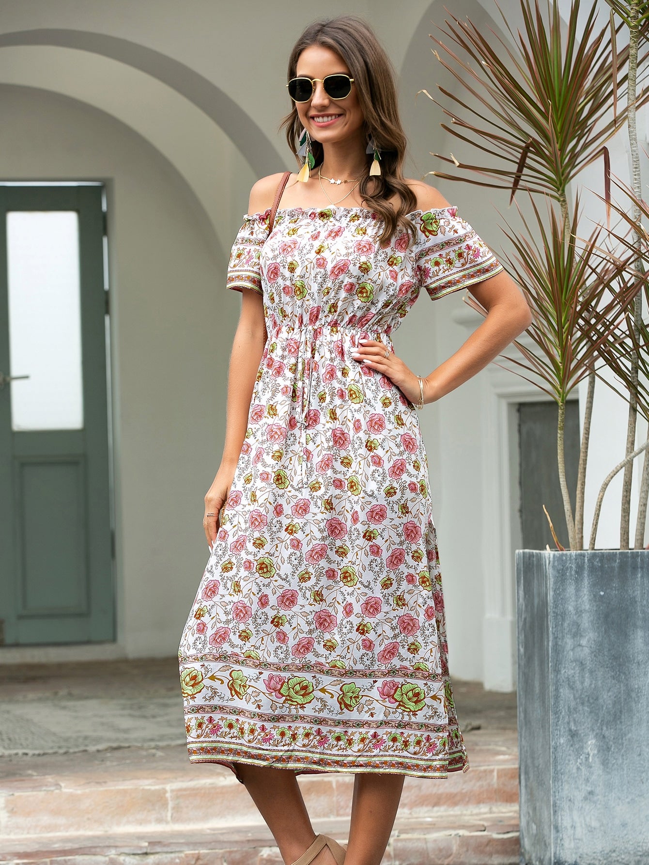 Floral & Tribal Print Split Thigh Bardot Dress