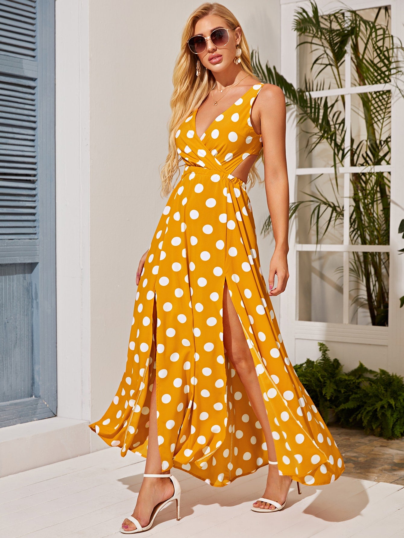 Polka Dot Split Thigh Maxi Dress