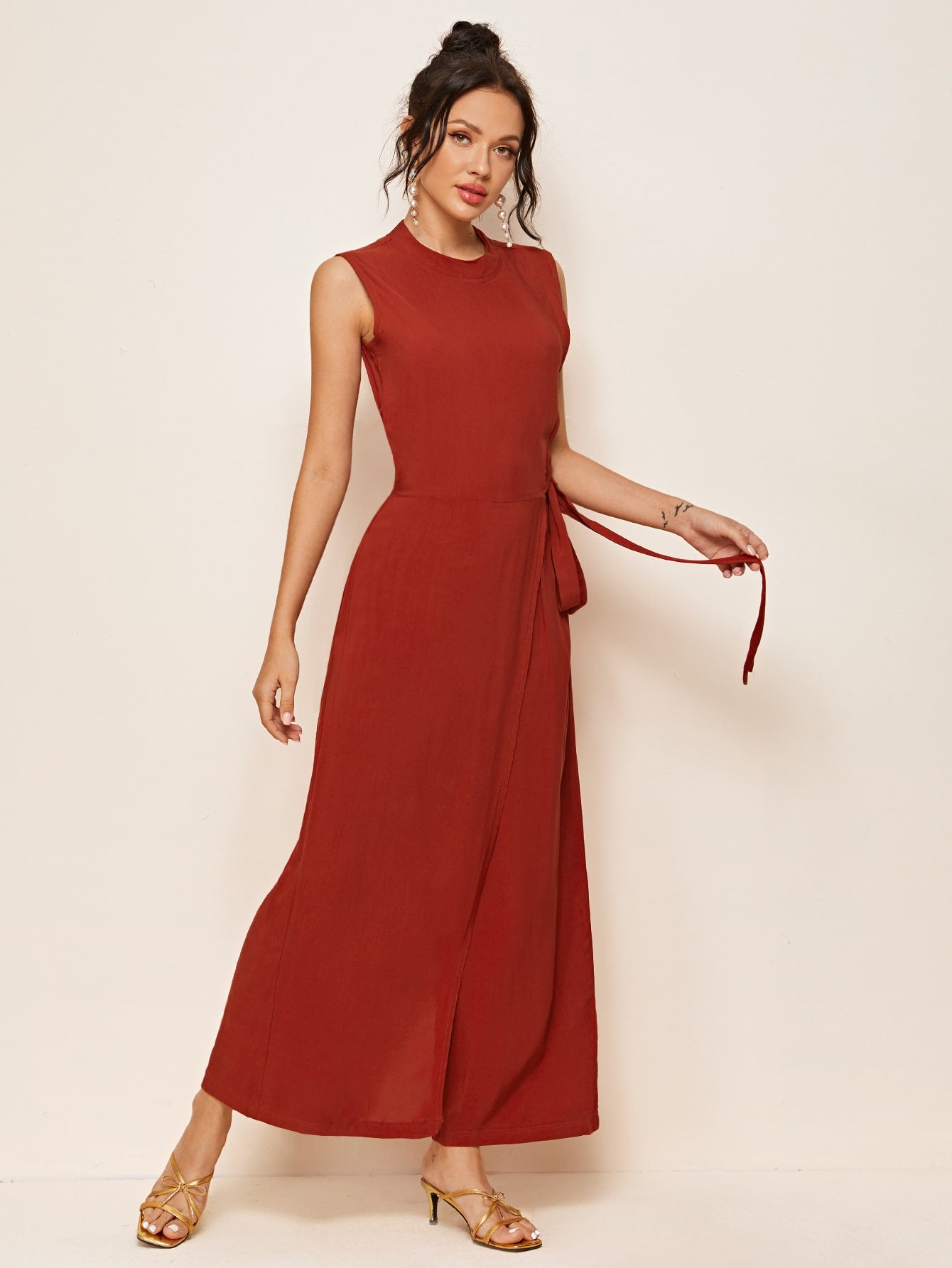 Mock Neck Tie Side Culotte Jumpsuit