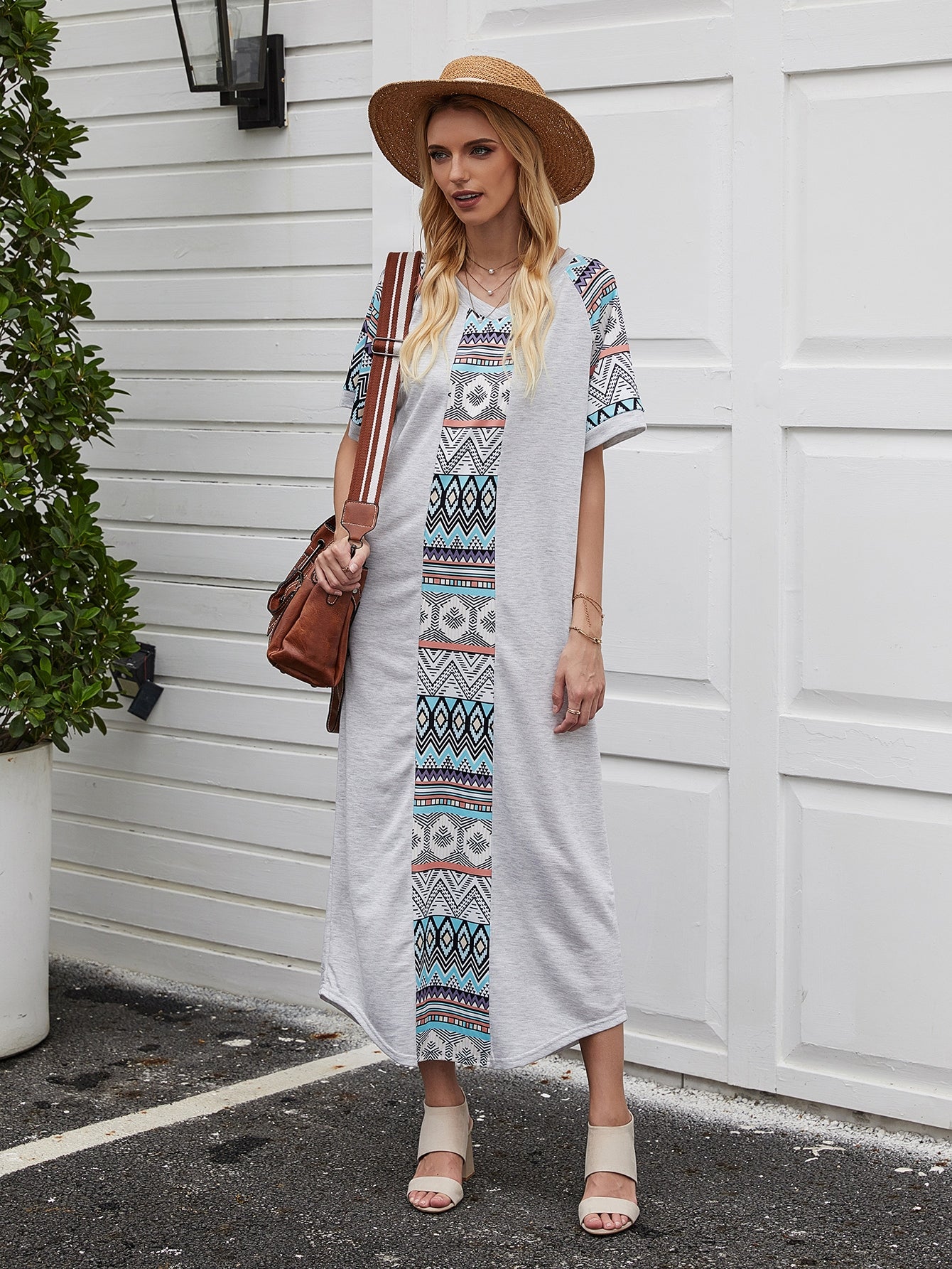 Aztec Panel Curved Hem Tee Dress