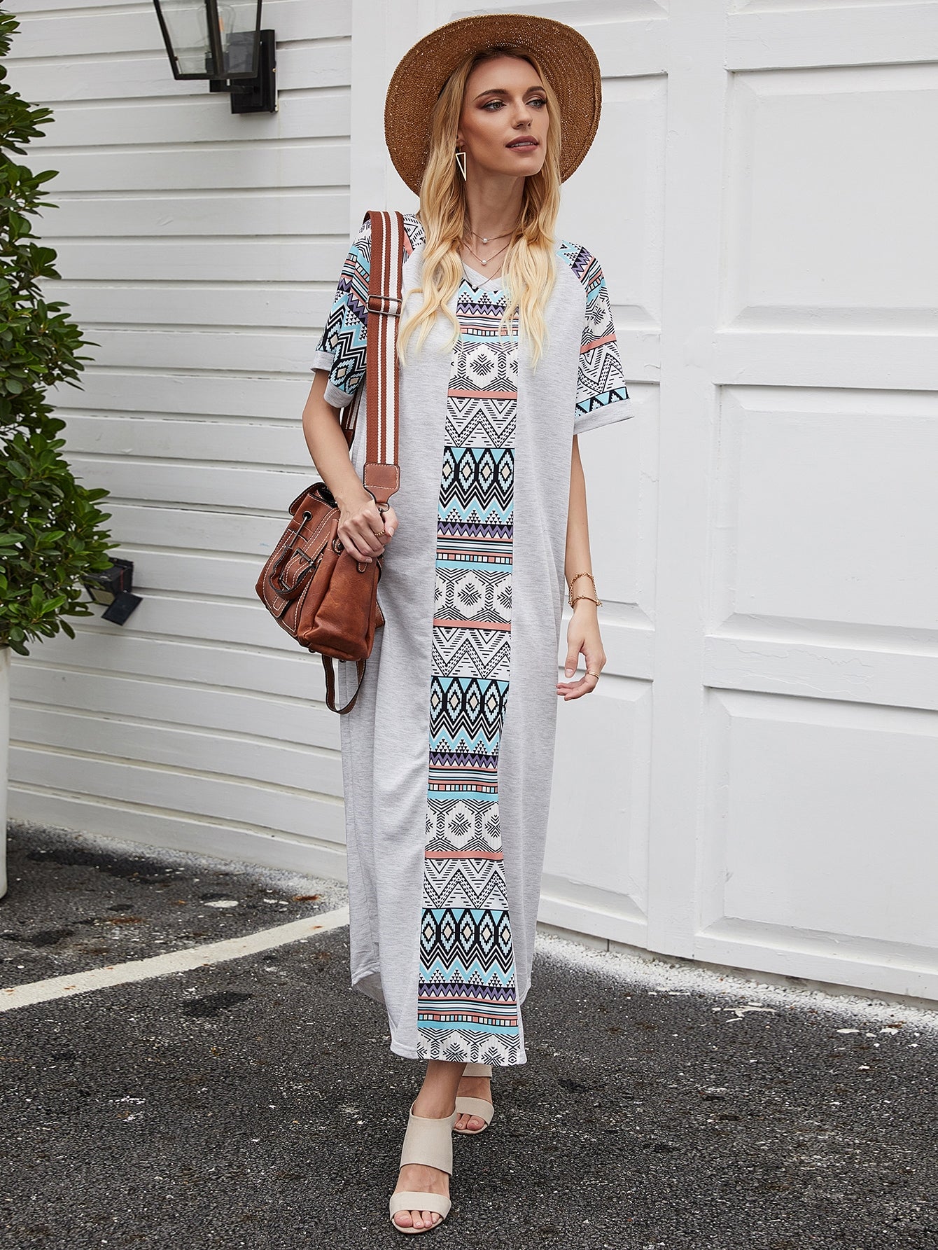 Aztec Panel Curved Hem Tee Dress