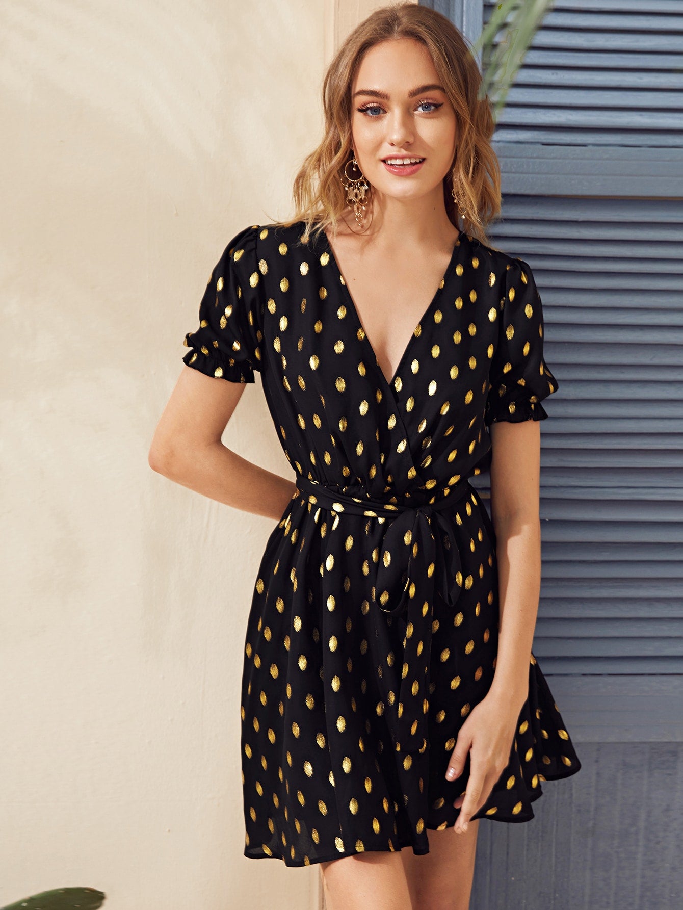 Surplice Neck Belted Gold Dot Print Dress