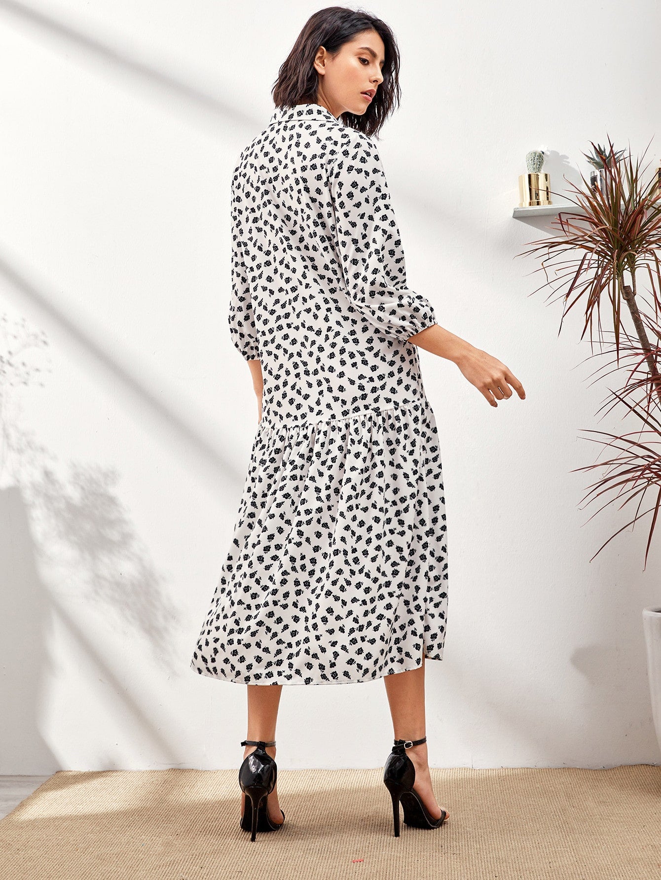 Allover Print Ruffle Hem Shirt Smock Dress