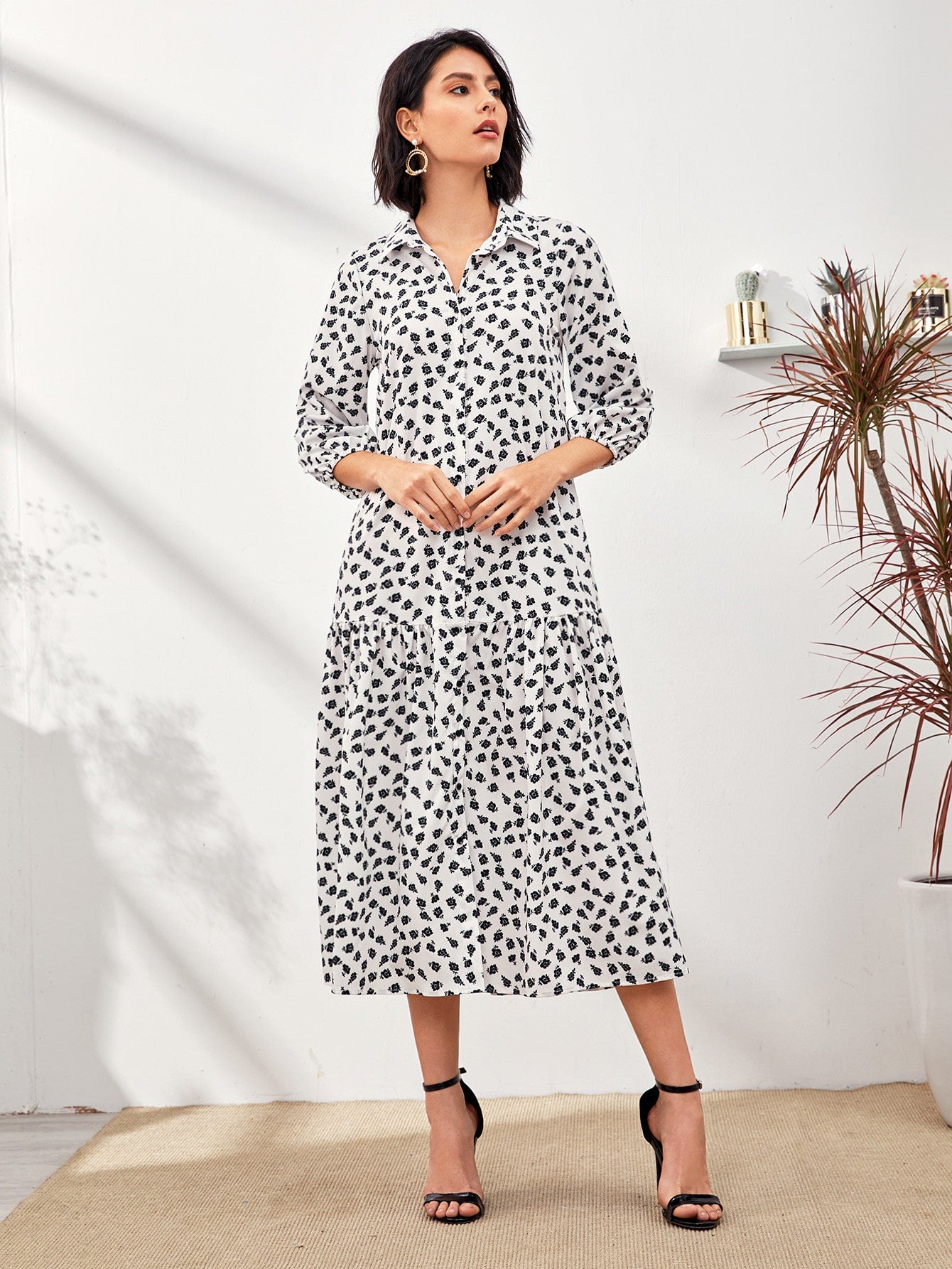 Allover Print Ruffle Hem Shirt Smock Dress