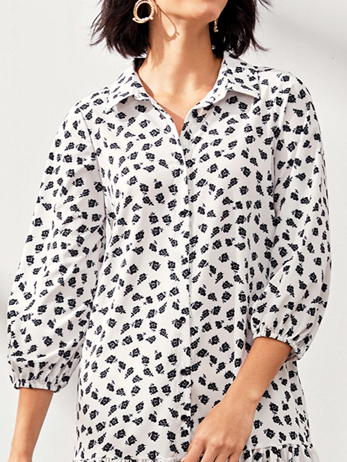 Allover Print Ruffle Hem Shirt Smock Dress