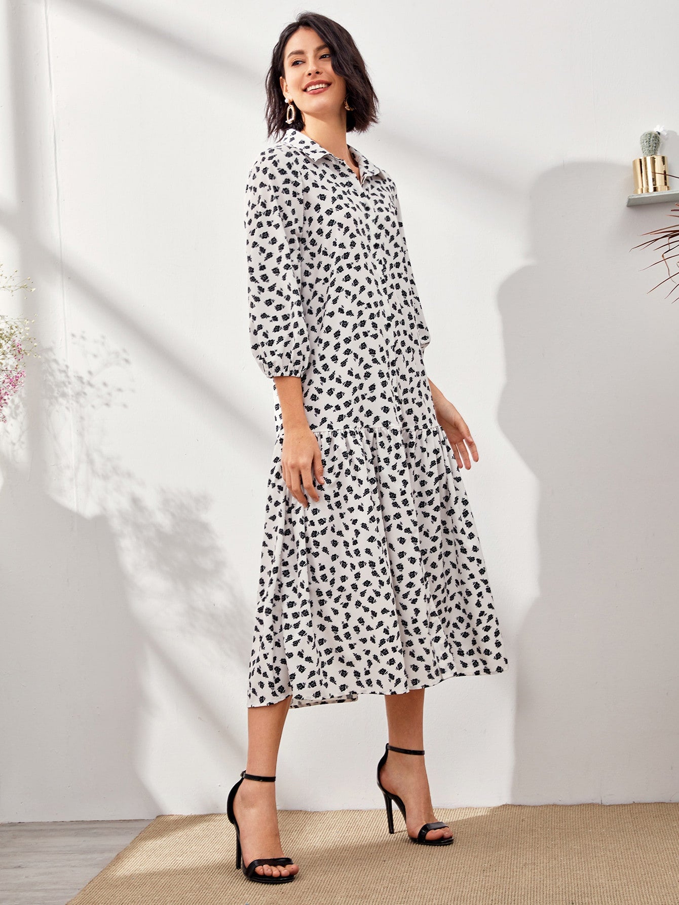 Allover Print Ruffle Hem Shirt Smock Dress