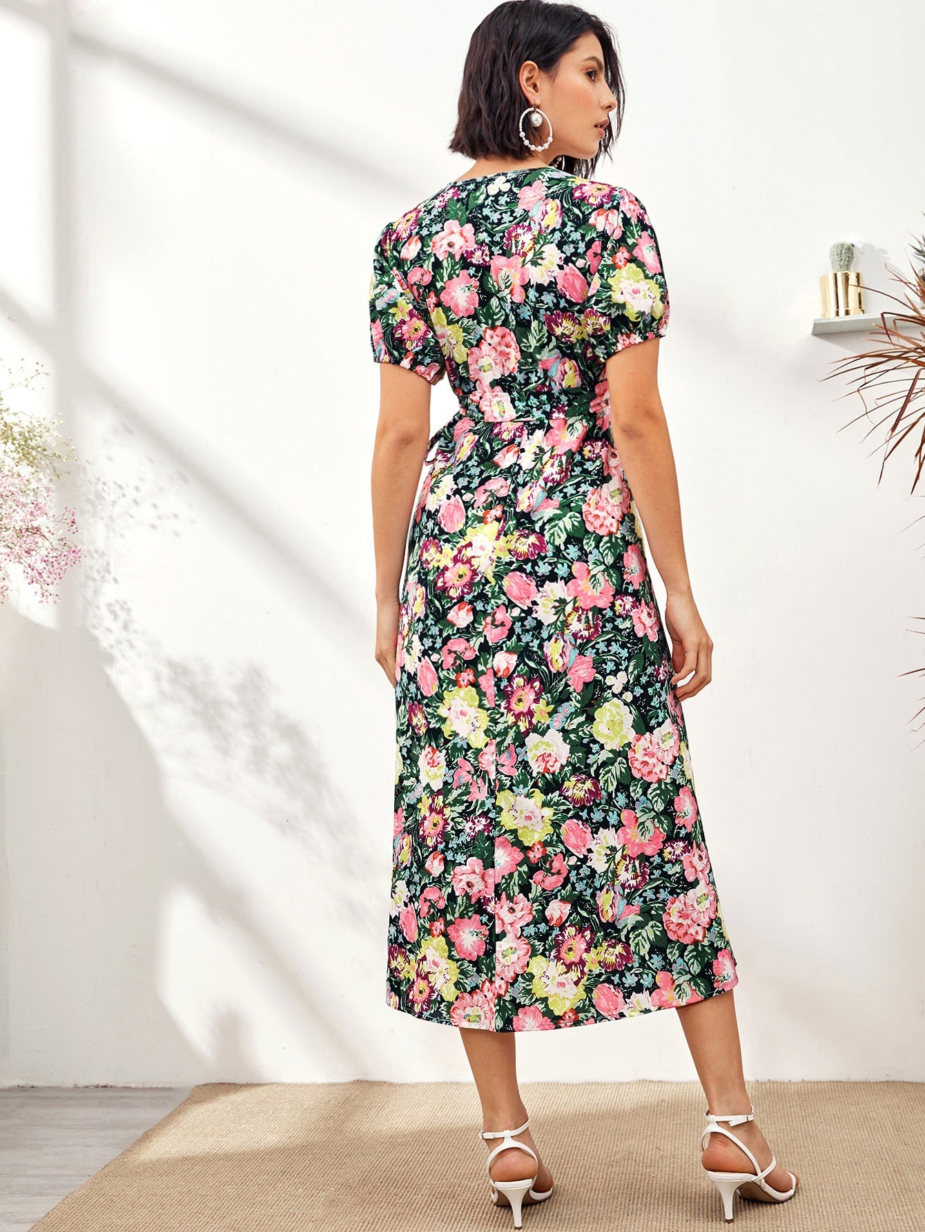 Floral Print Self Tie Wrap A-line Dress