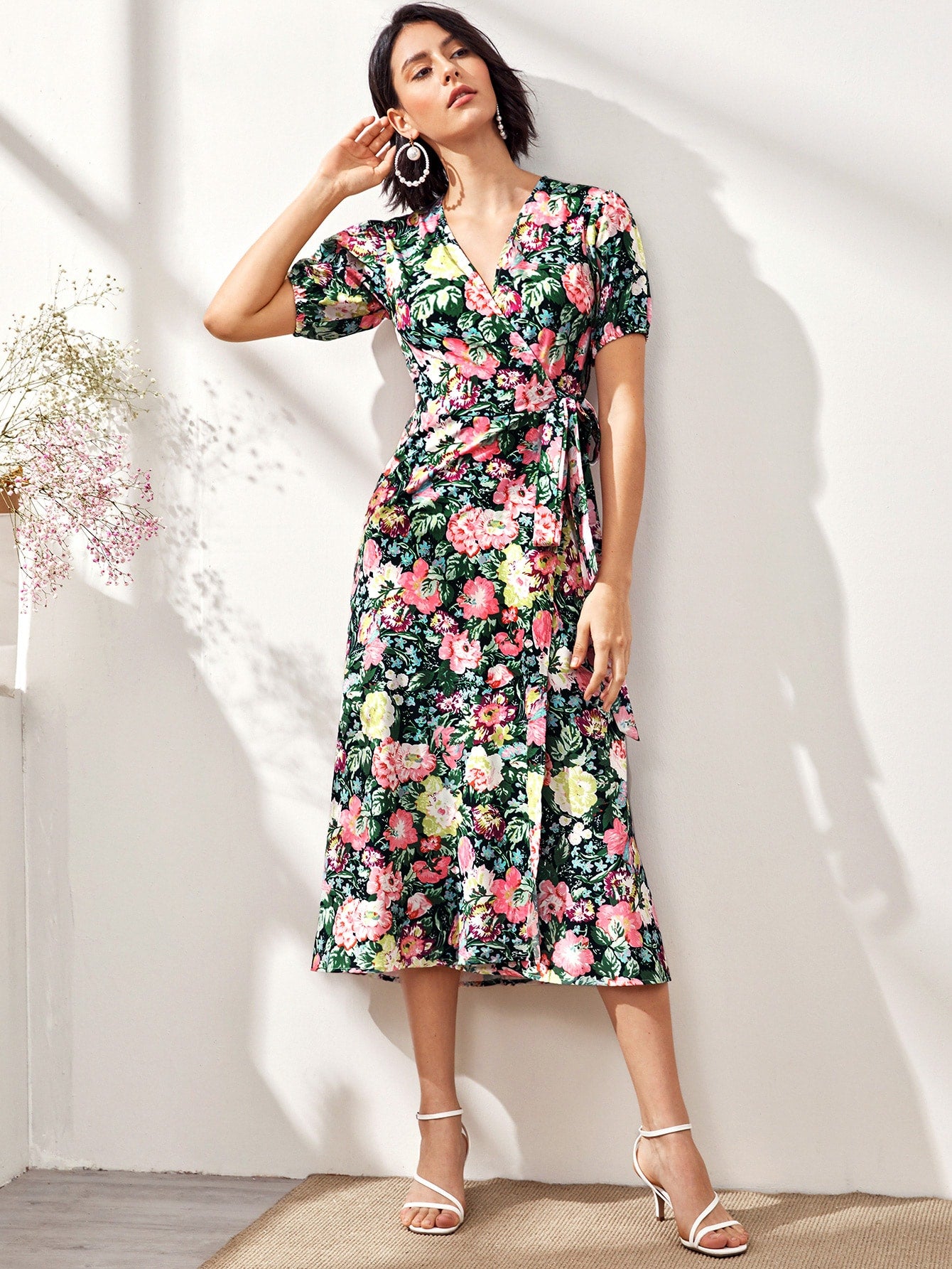 Floral Print Self Tie Wrap A-line Dress