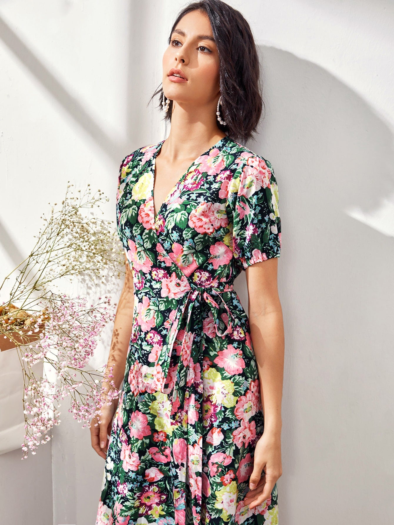 Floral Print Self Tie Wrap A-line Dress