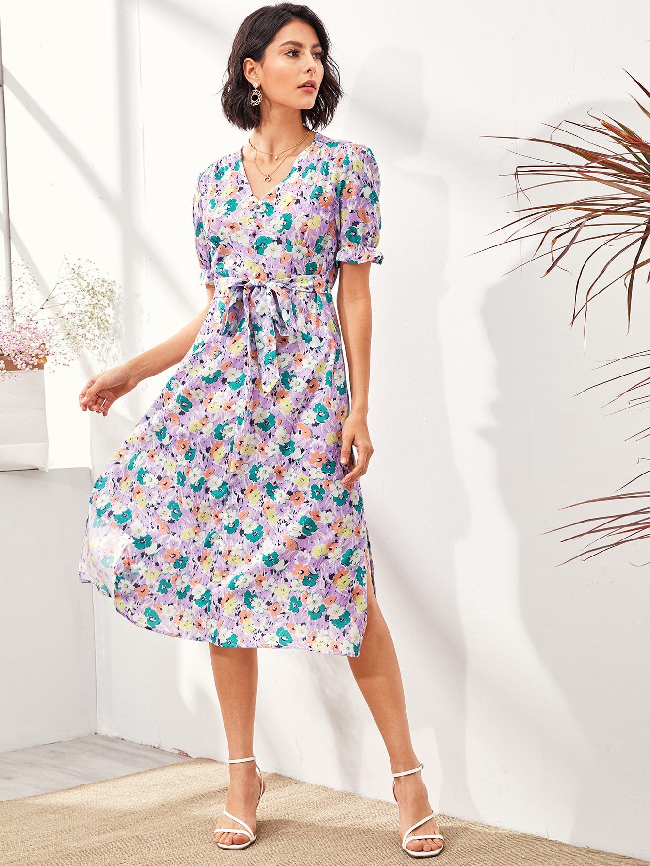 Split Side Self Tie Floral A-line Dress