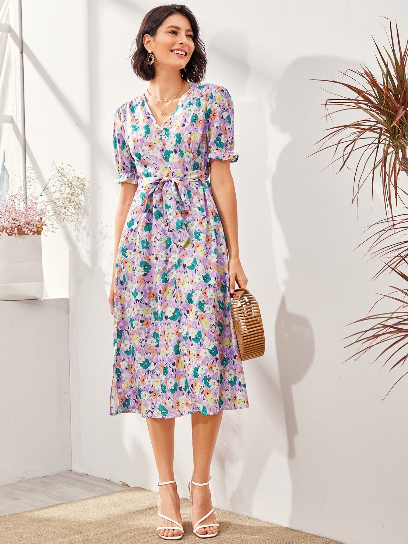 Split Side Self Tie Floral A-line Dress