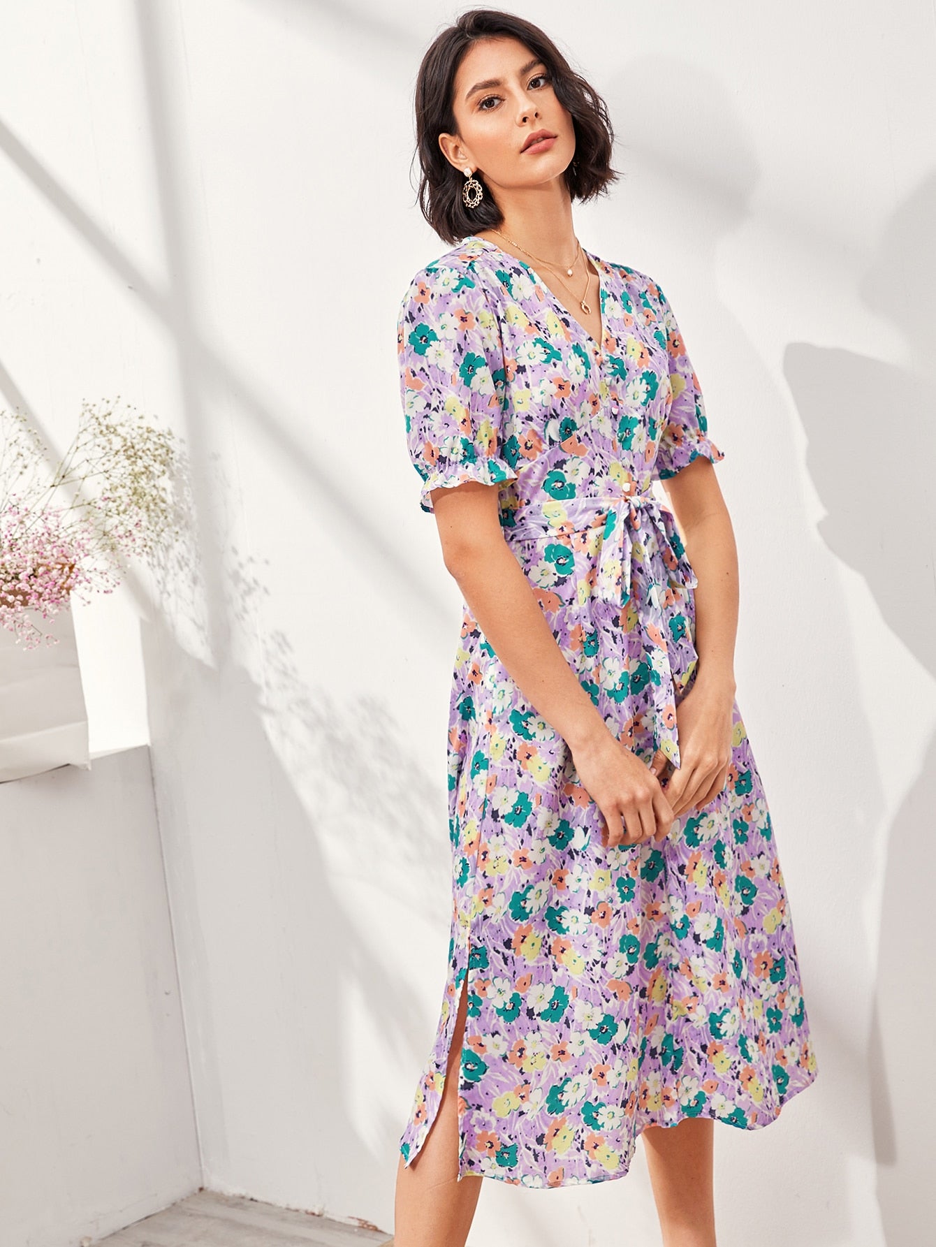 Split Side Self Tie Floral A-line Dress