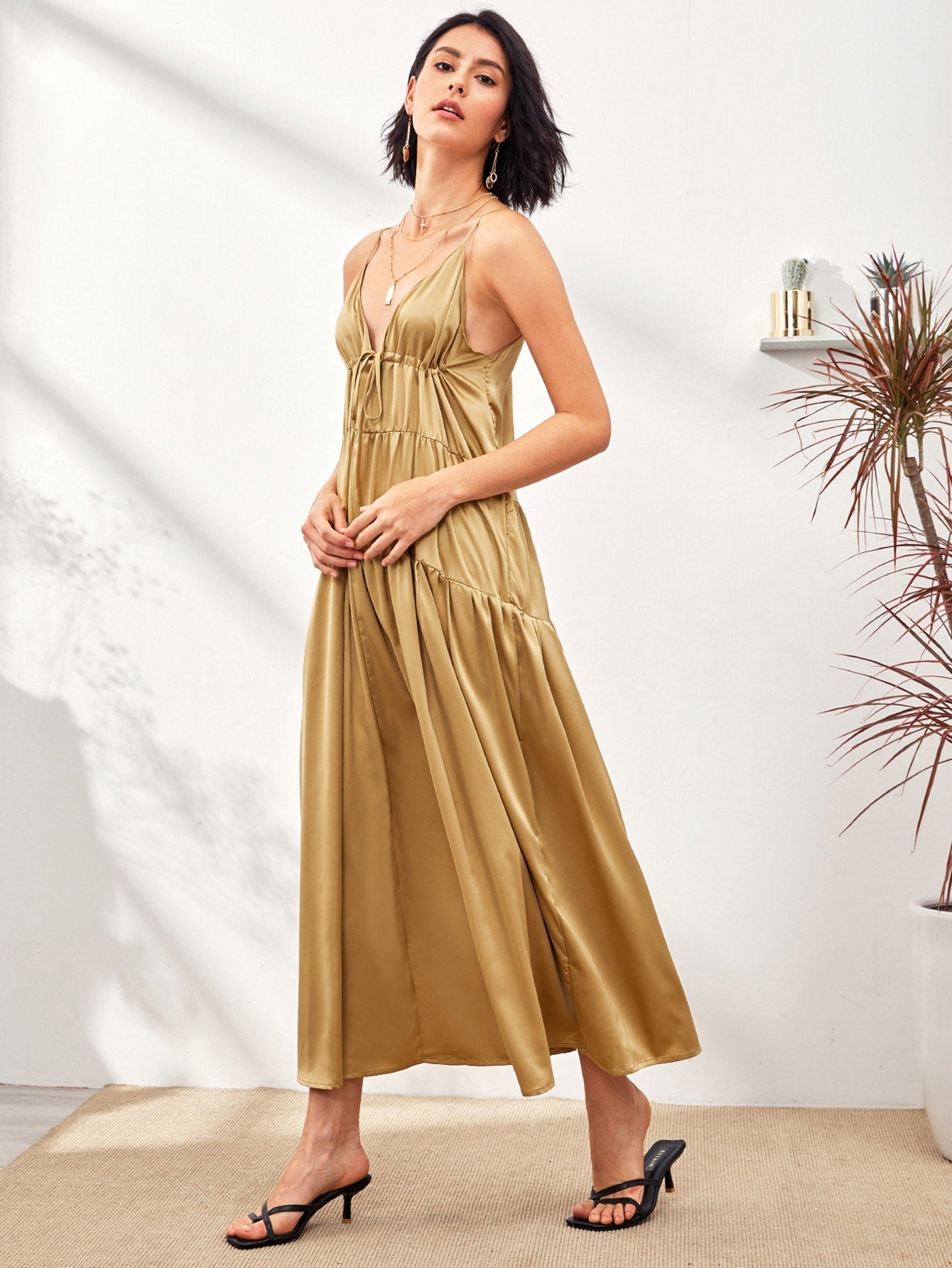 Tie Front Solid Cami Dress
