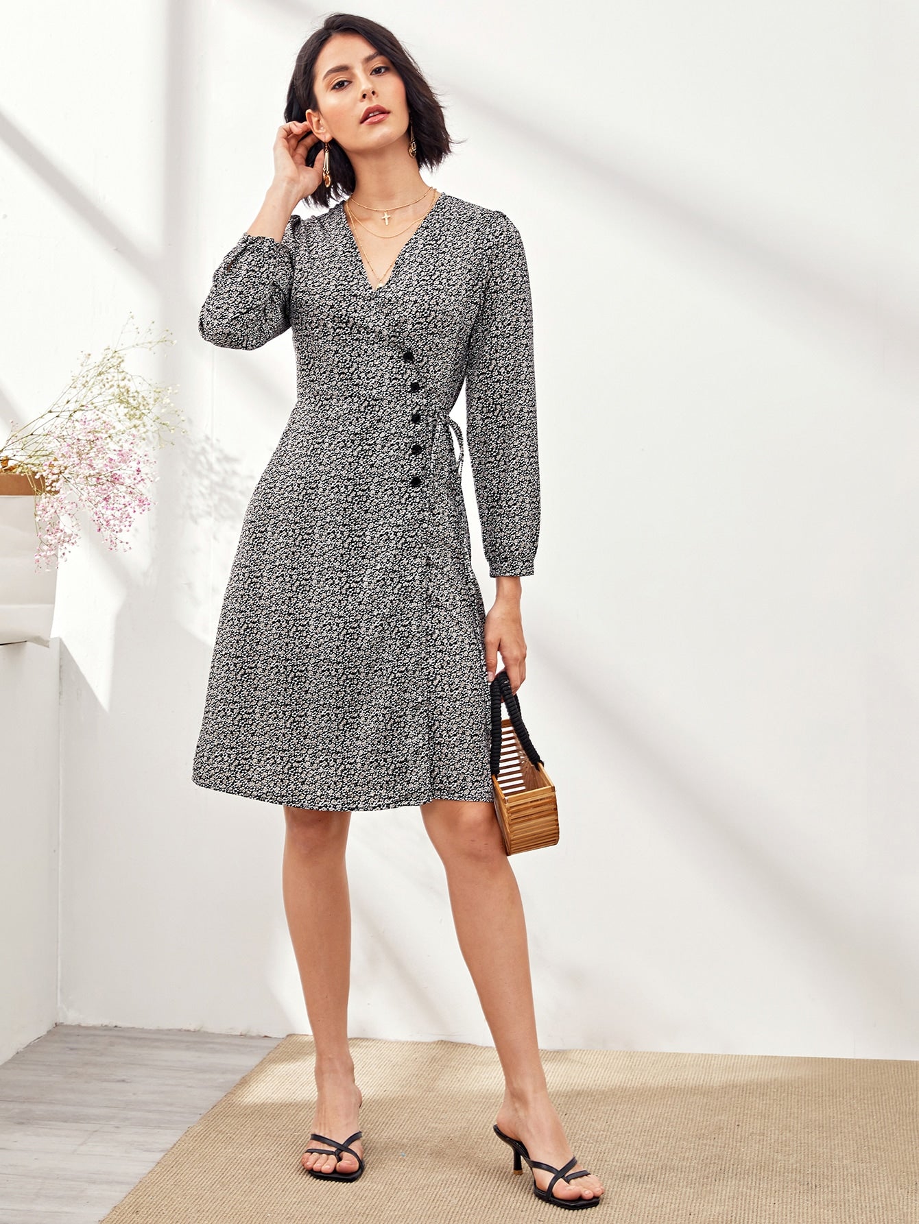Ditsy Floral Button Front Wrap Dress