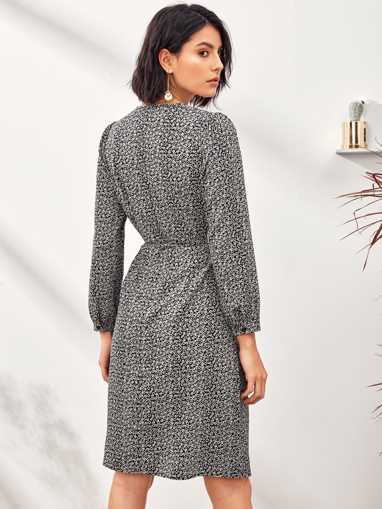 Ditsy Floral Button Front Wrap Dress