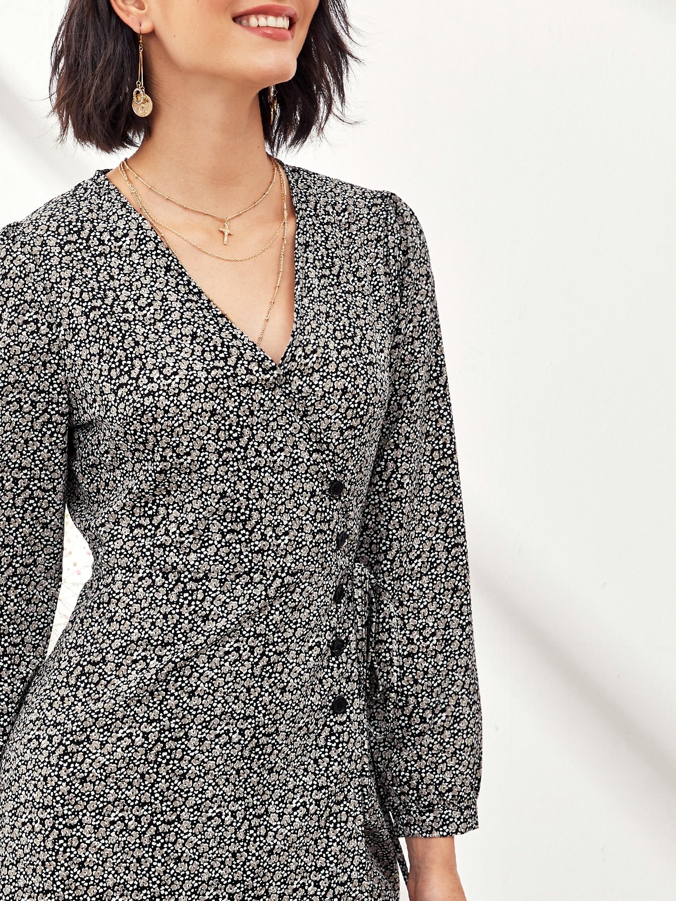 Ditsy Floral Button Front Wrap Dress
