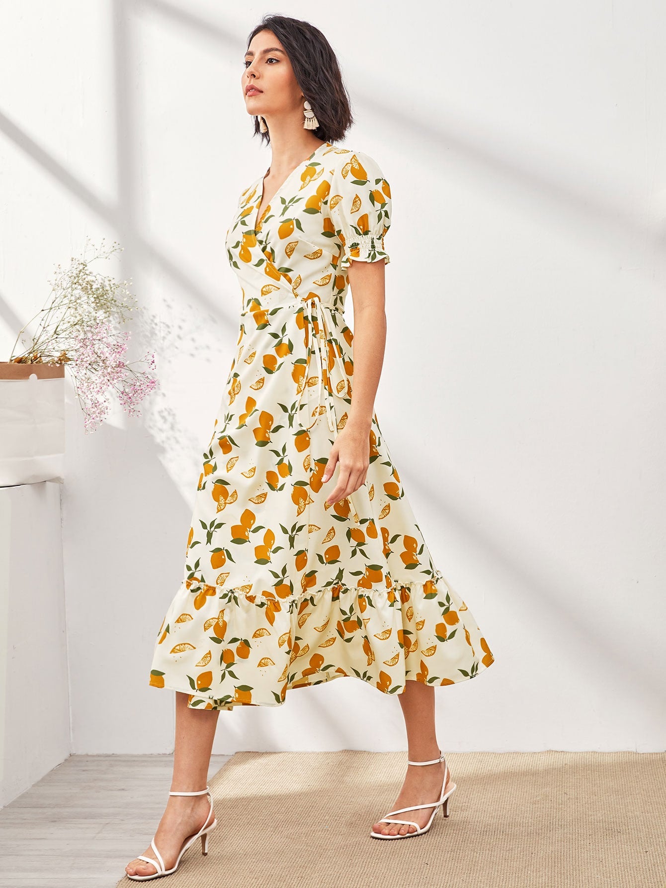 Lemon Print Tie Side Wrap Dress