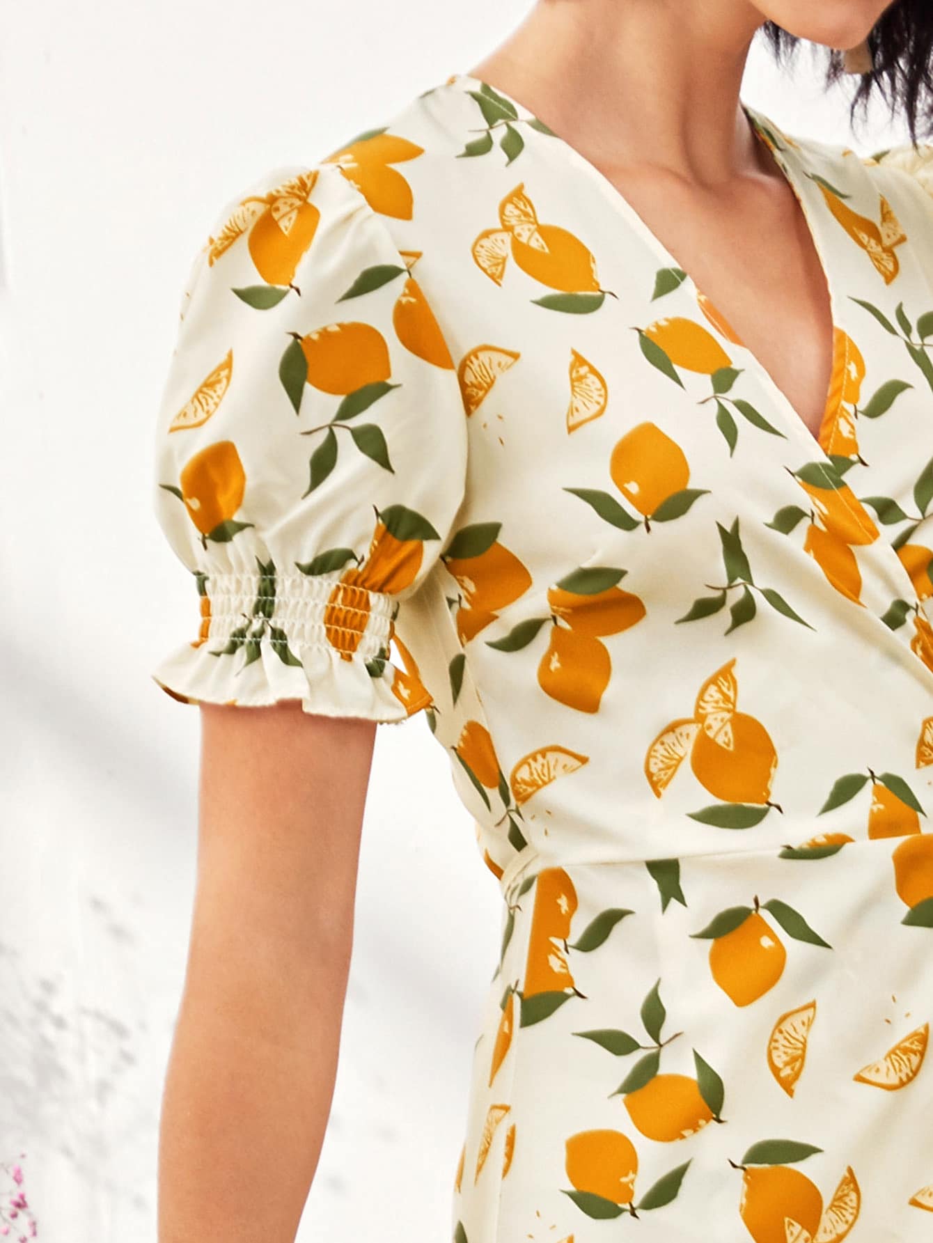 Lemon Print Tie Side Wrap Dress
