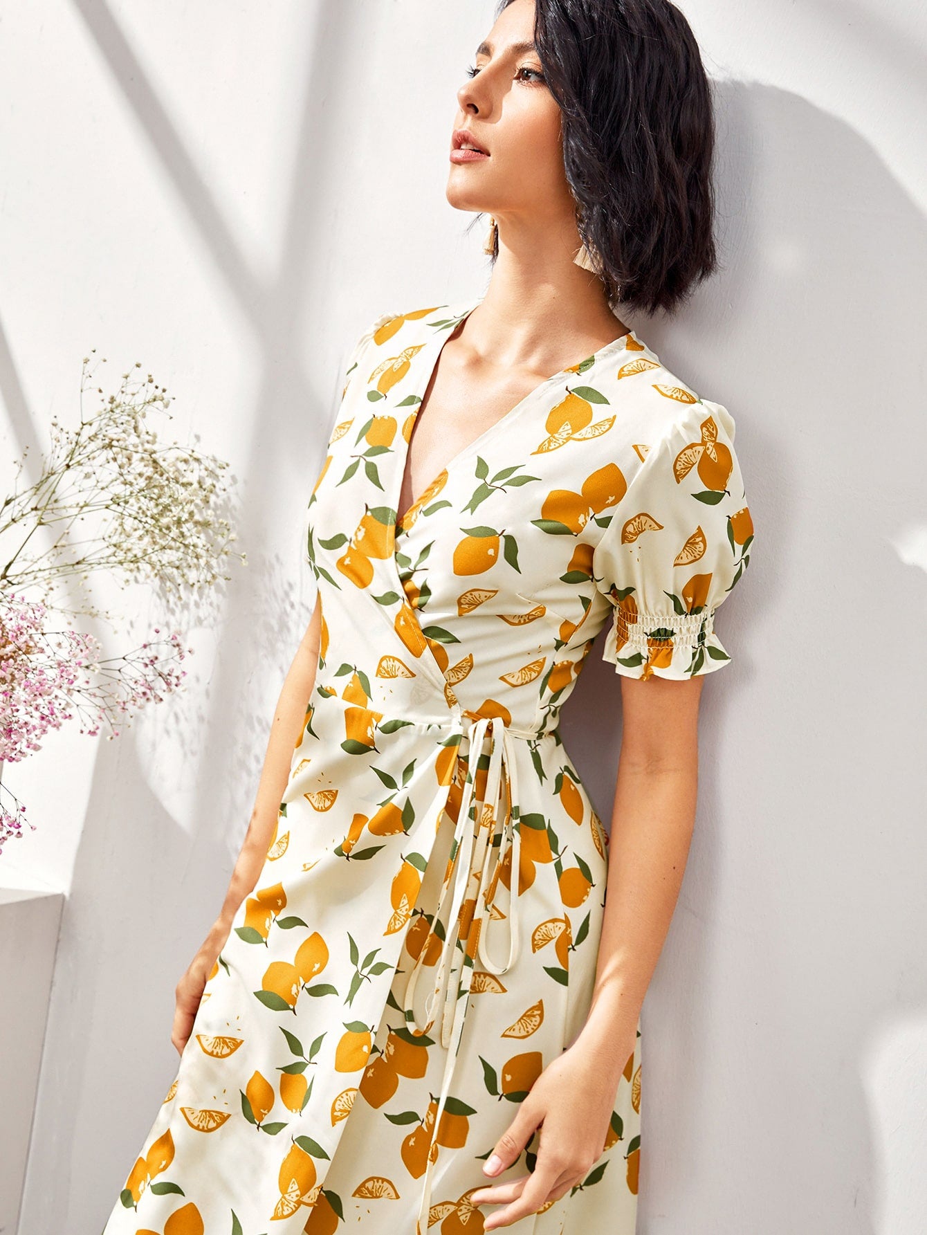 Lemon Print Tie Side Wrap Dress