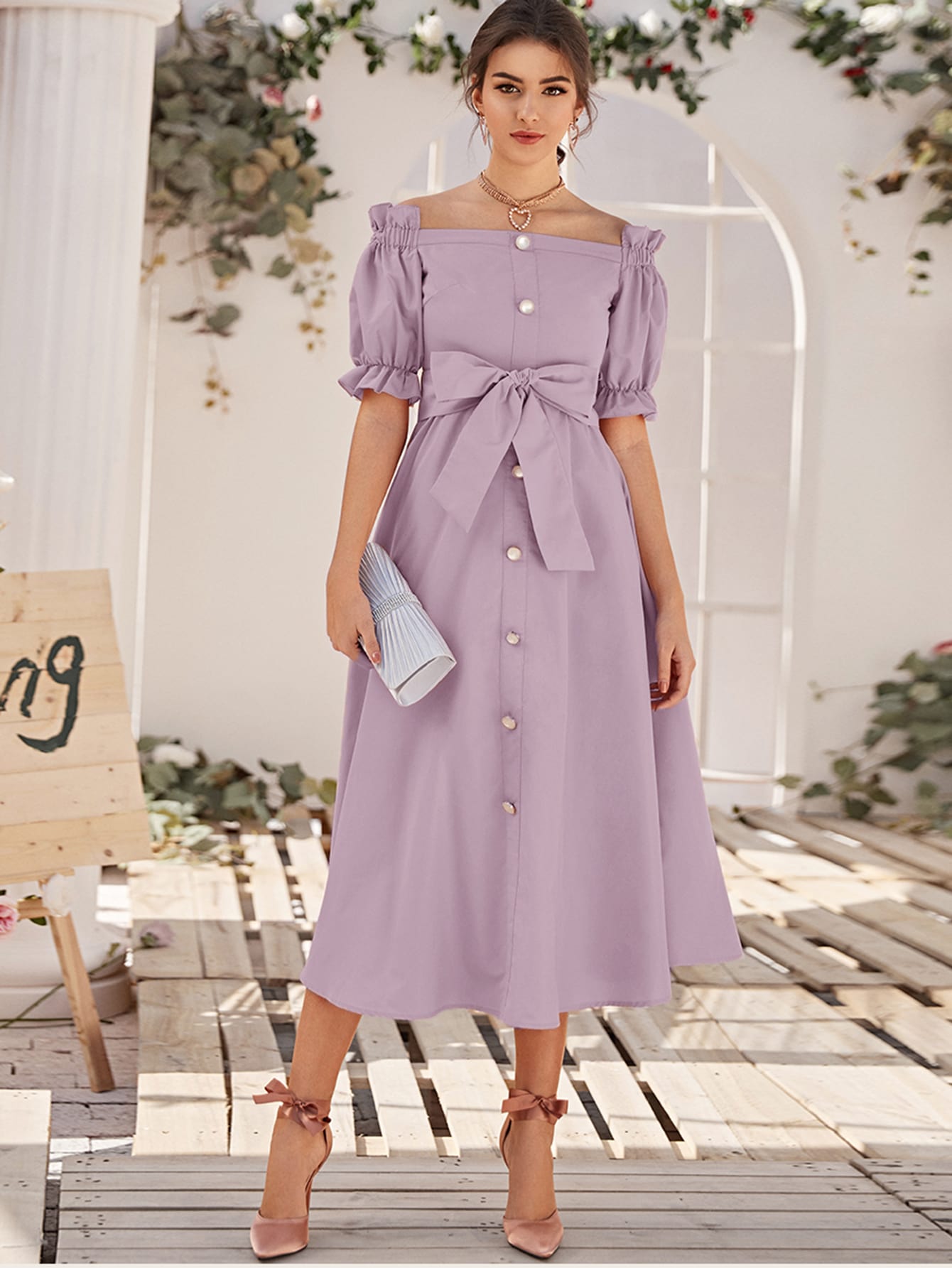 Off Shoulder Ruffle Trim Buttoned Front Belted Dress