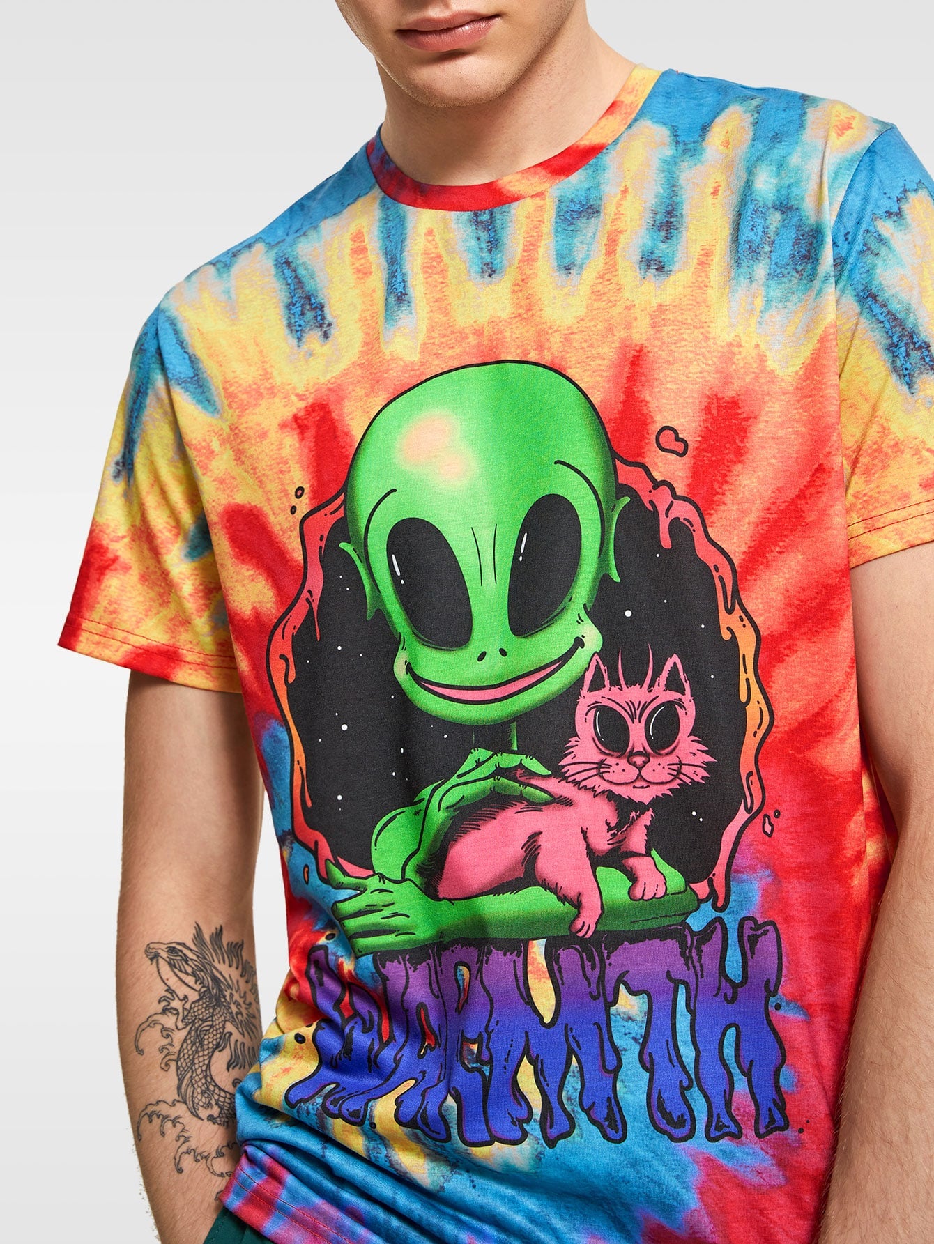 Men Letter and Alien Print Tie Dye Top