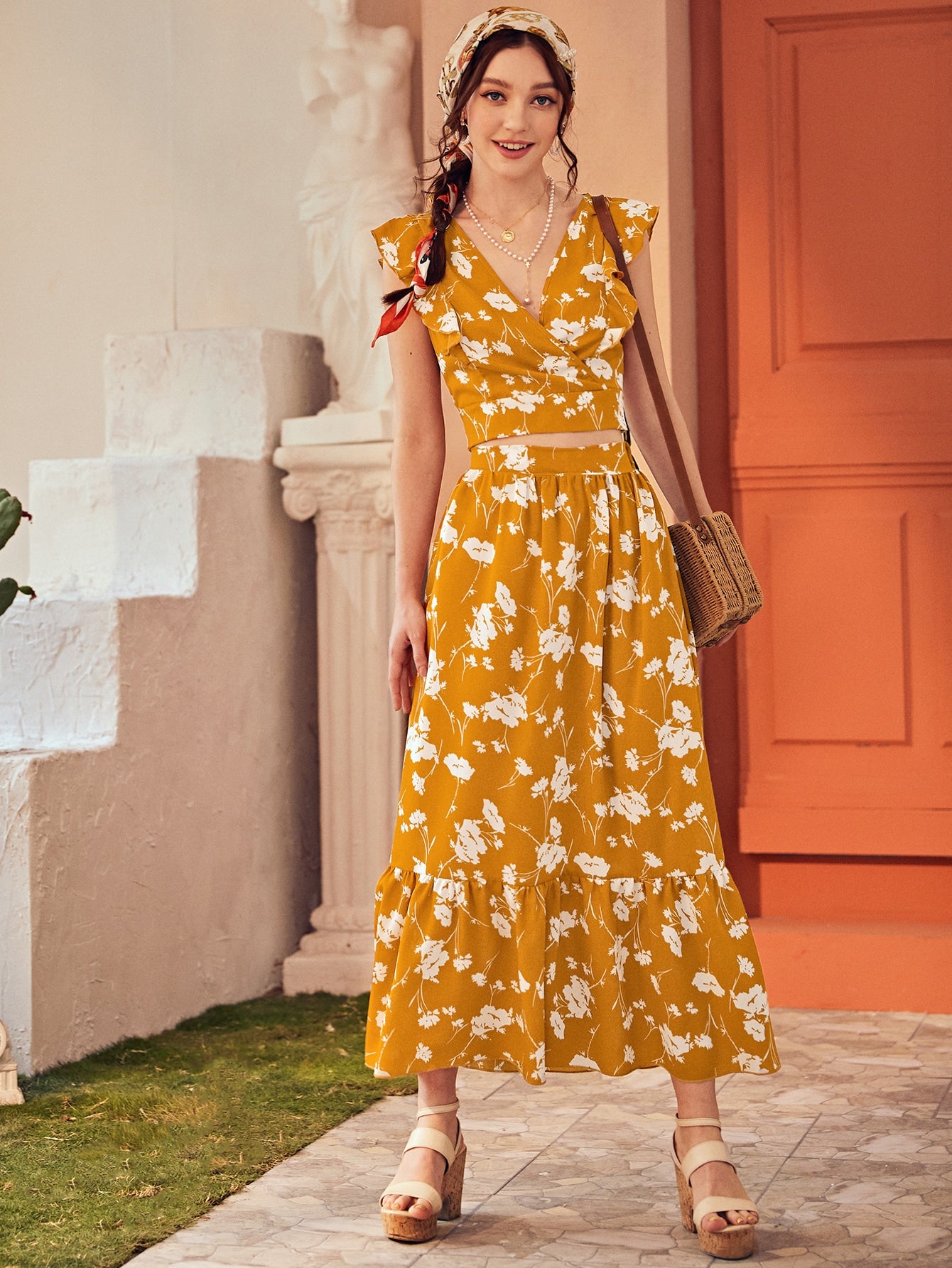 Floral Surplice Neck Ruffle Top With Skirt