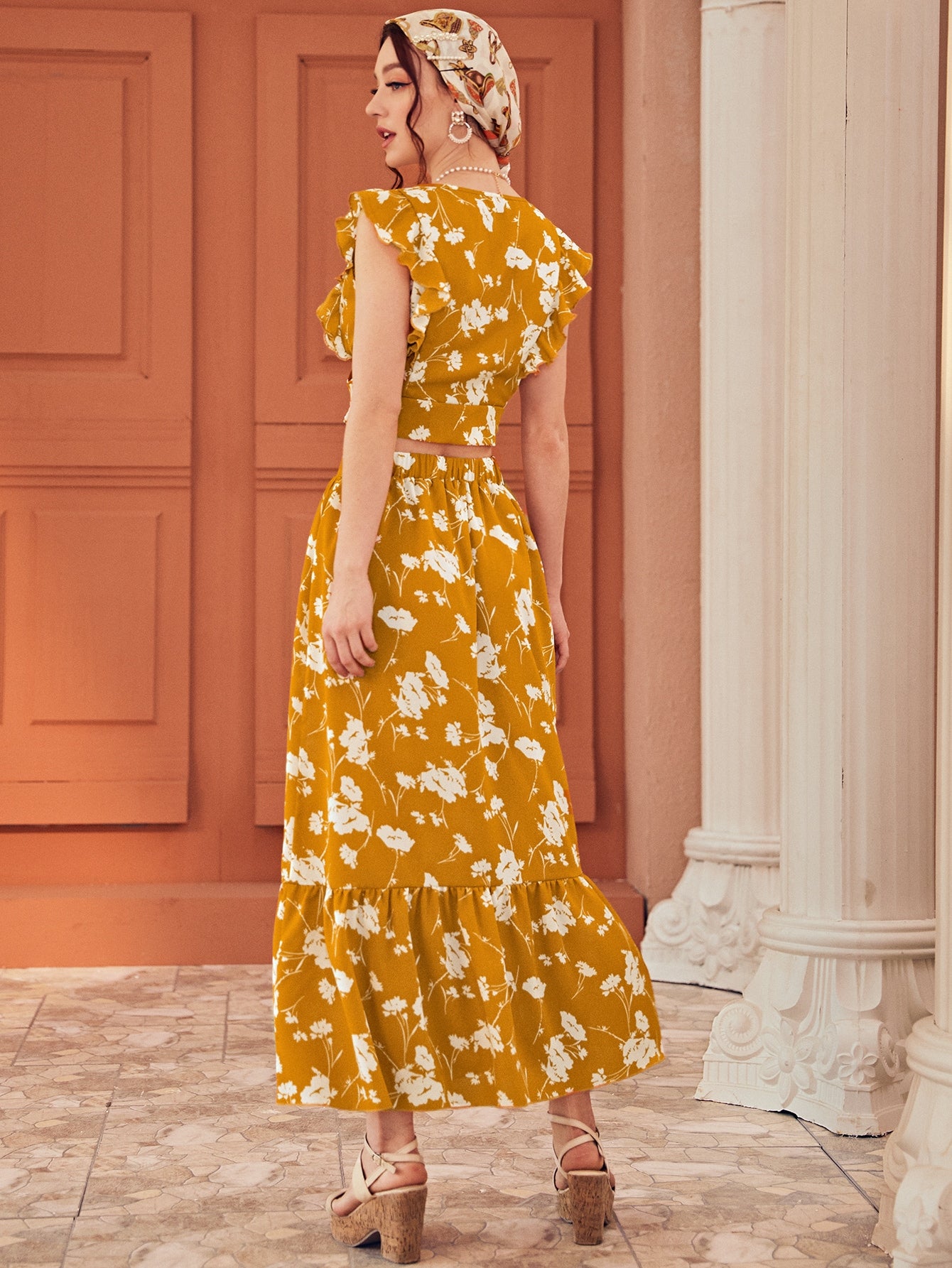 Floral Surplice Neck Ruffle Top With Skirt