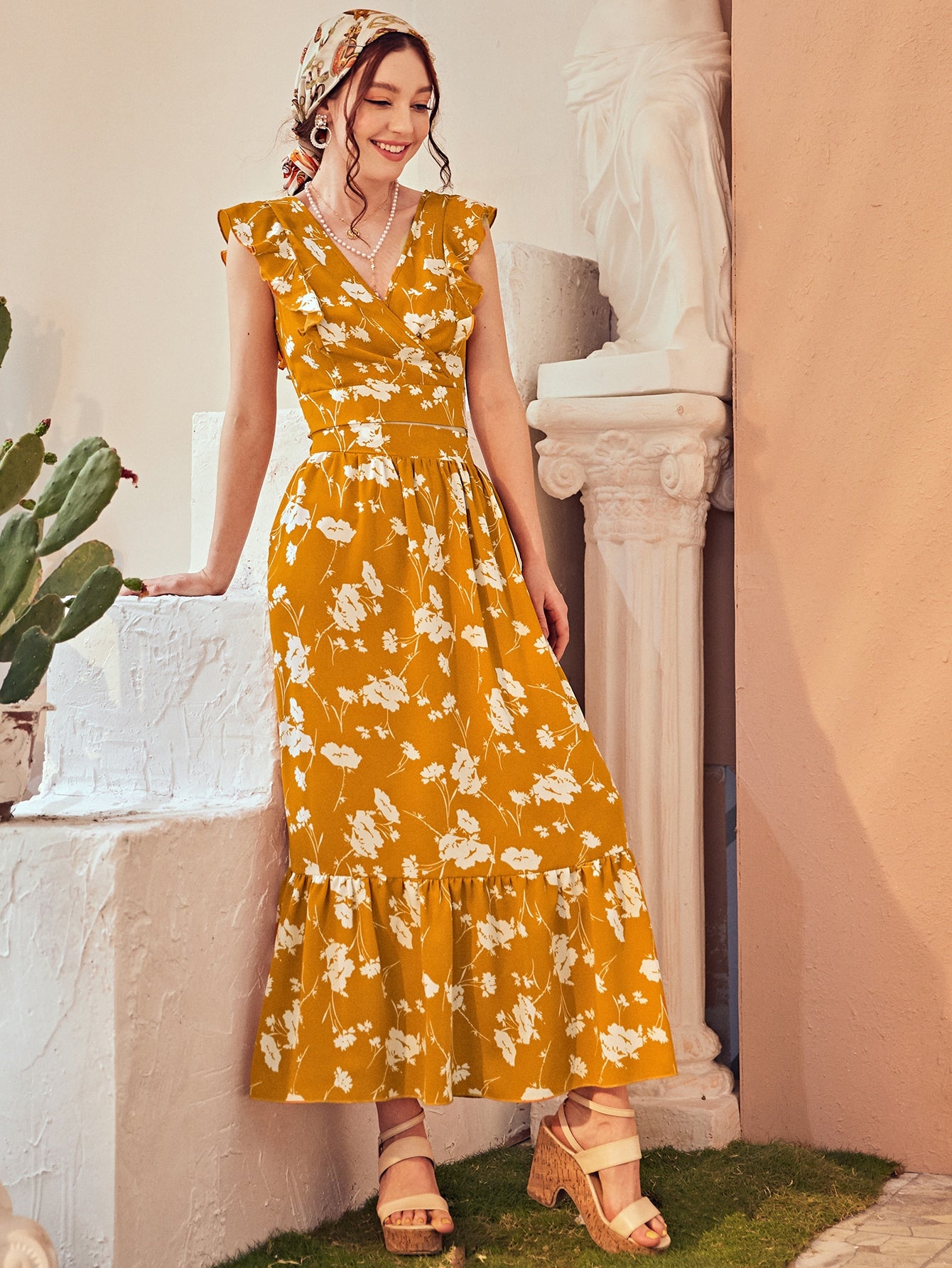 Floral Surplice Neck Ruffle Top With Skirt